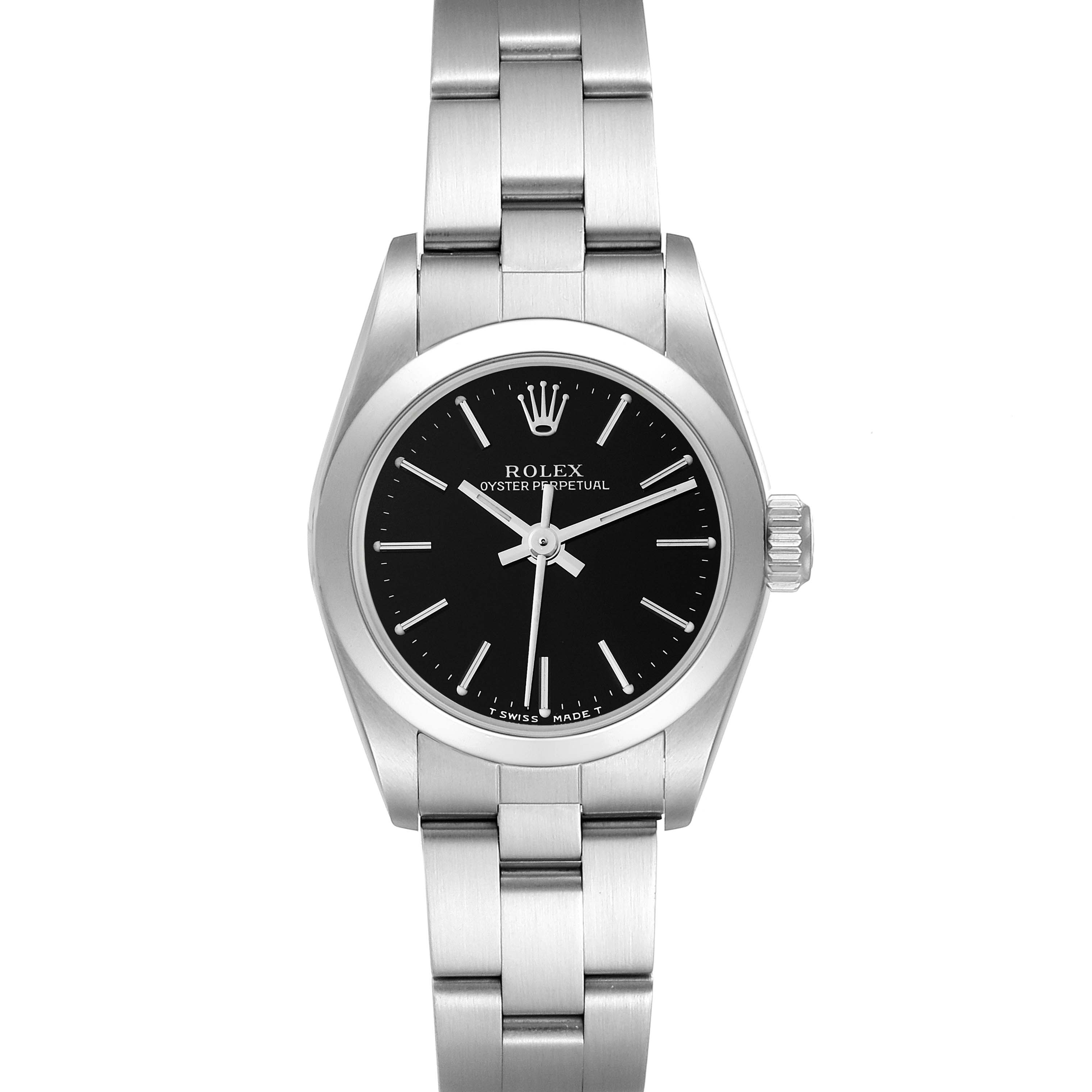 This image shows a front view of a Rolex Oyster Perpetual 67180 Women's Stainless Steel Black Dial 67180 Women's Stainless Steel Black Dial watch, including the dial, bezel, bracelet, and crown.