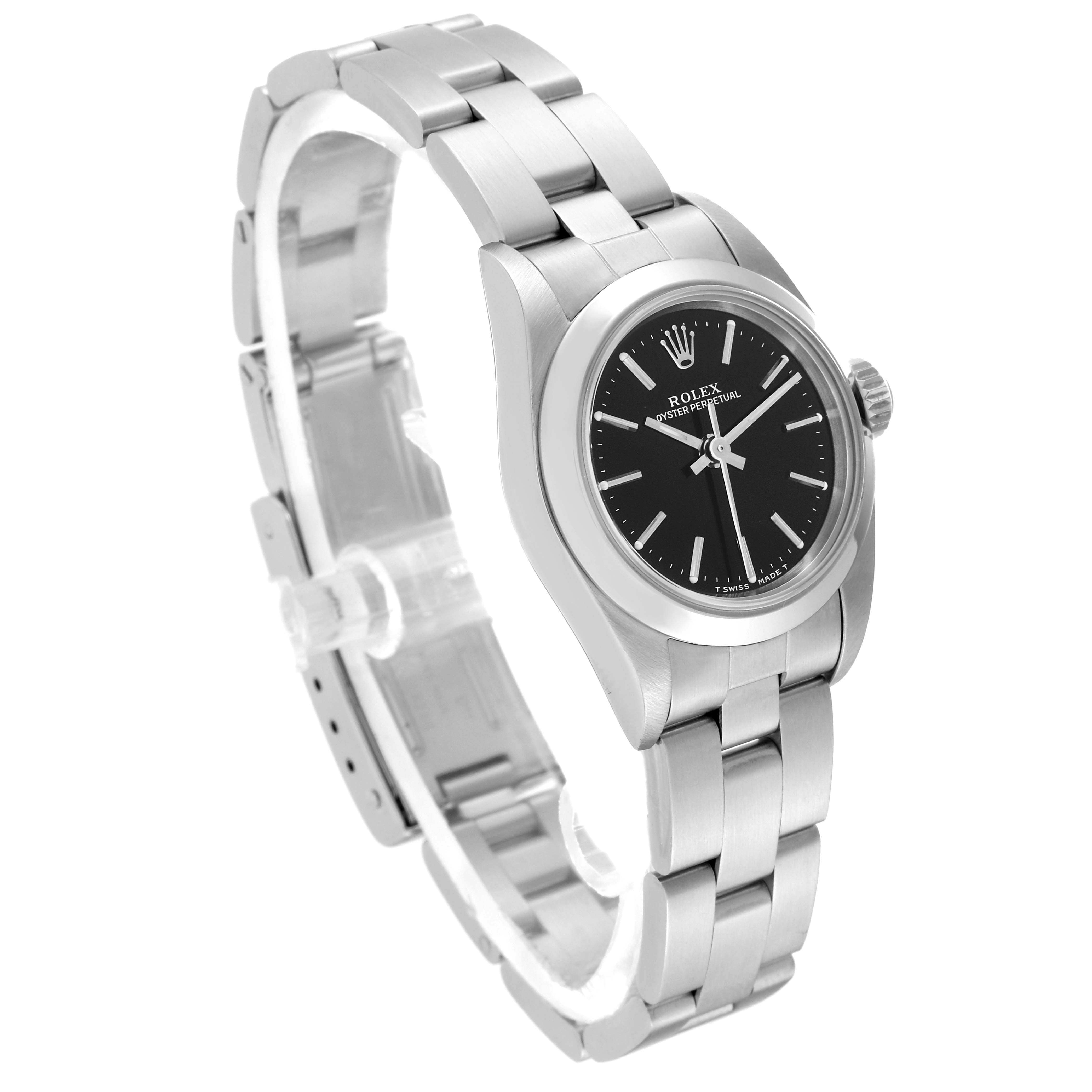 This image shows a side and front view of a Rolex Oyster Perpetual 67180 Women's Stainless Steel Black Dial 67180 Women's Stainless Steel Black Dial watch, highlighting the bracelet and dial.