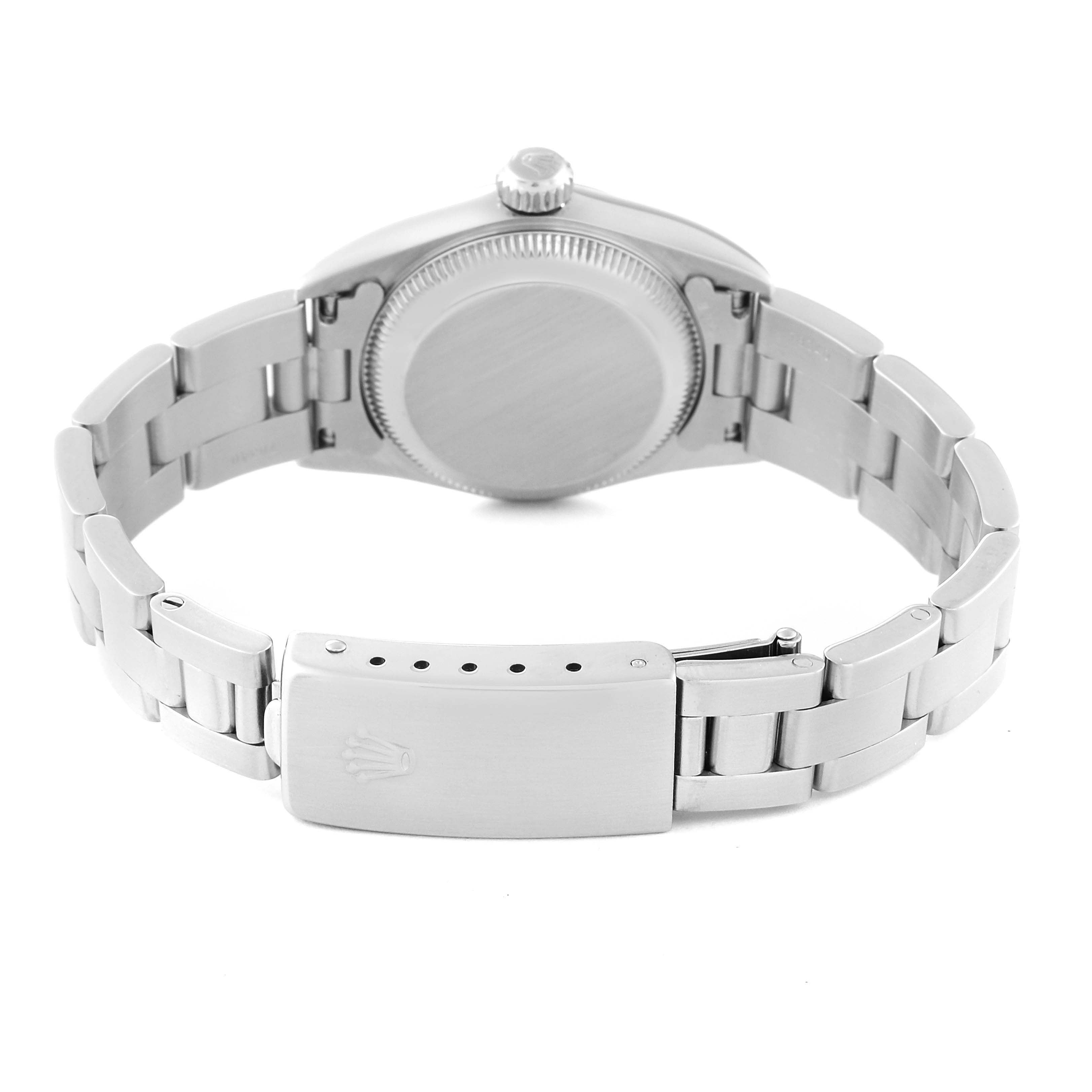 This image shows the back view and bracelet clasp of the Rolex Oyster Perpetual 67180 Women's Stainless Steel Black Dial 67180 Women's Stainless Steel Black Dial watch.