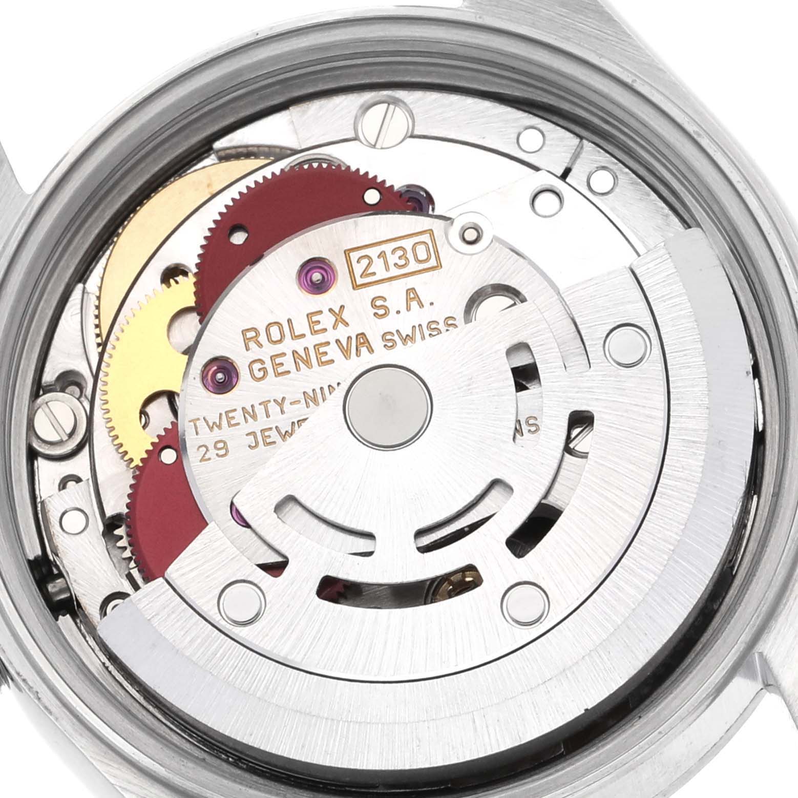 This image shows the open back view of the Rolex Oyster Perpetual 67180 Women's Stainless Steel Black Dial 67180 Women's Stainless Steel Black Dial, revealing its intricate inner mechanics.