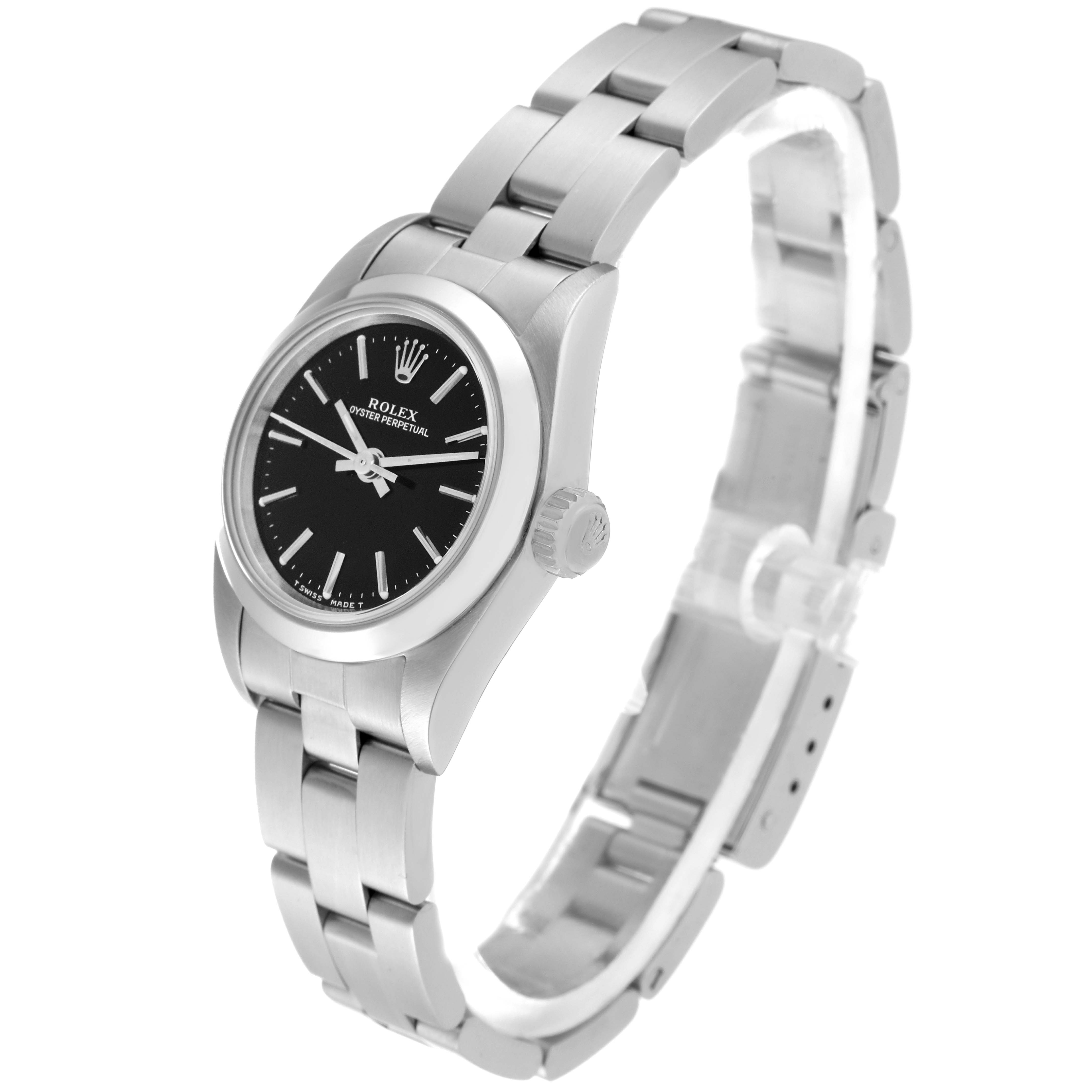 The image shows a Rolex Oyster Perpetual 67180 Women's Stainless Steel Black Dial 67180 Women's Stainless Steel Black Dial watch at a three-quarter angle, highlighting its face, crown, and bracelet.