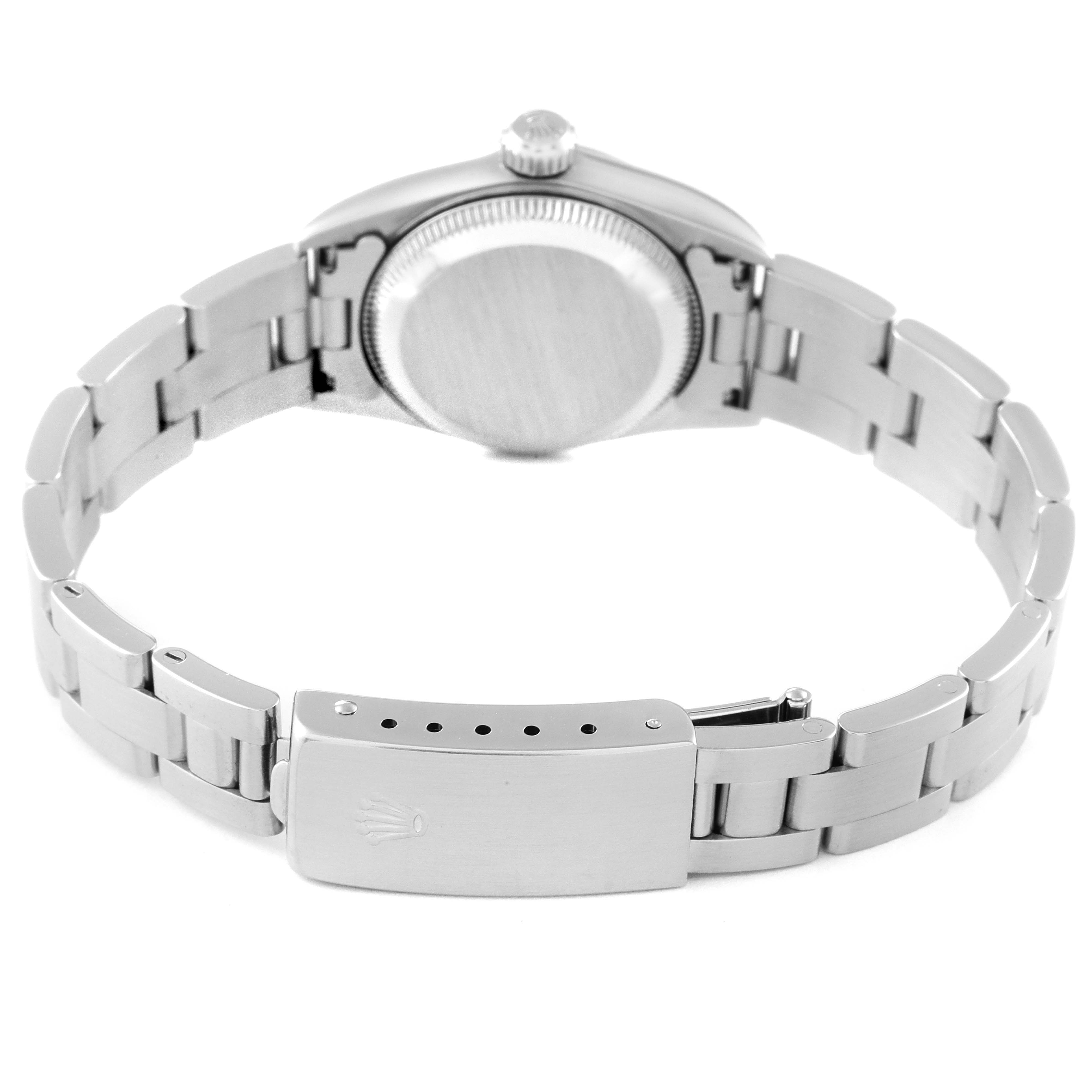 The image shows the back angle of the Rolex Oyster Perpetual 67180 Women's Stainless Steel Black Dial 67180 Women's Stainless Steel Black Dial watch, highlighting the clasp and bracelet.