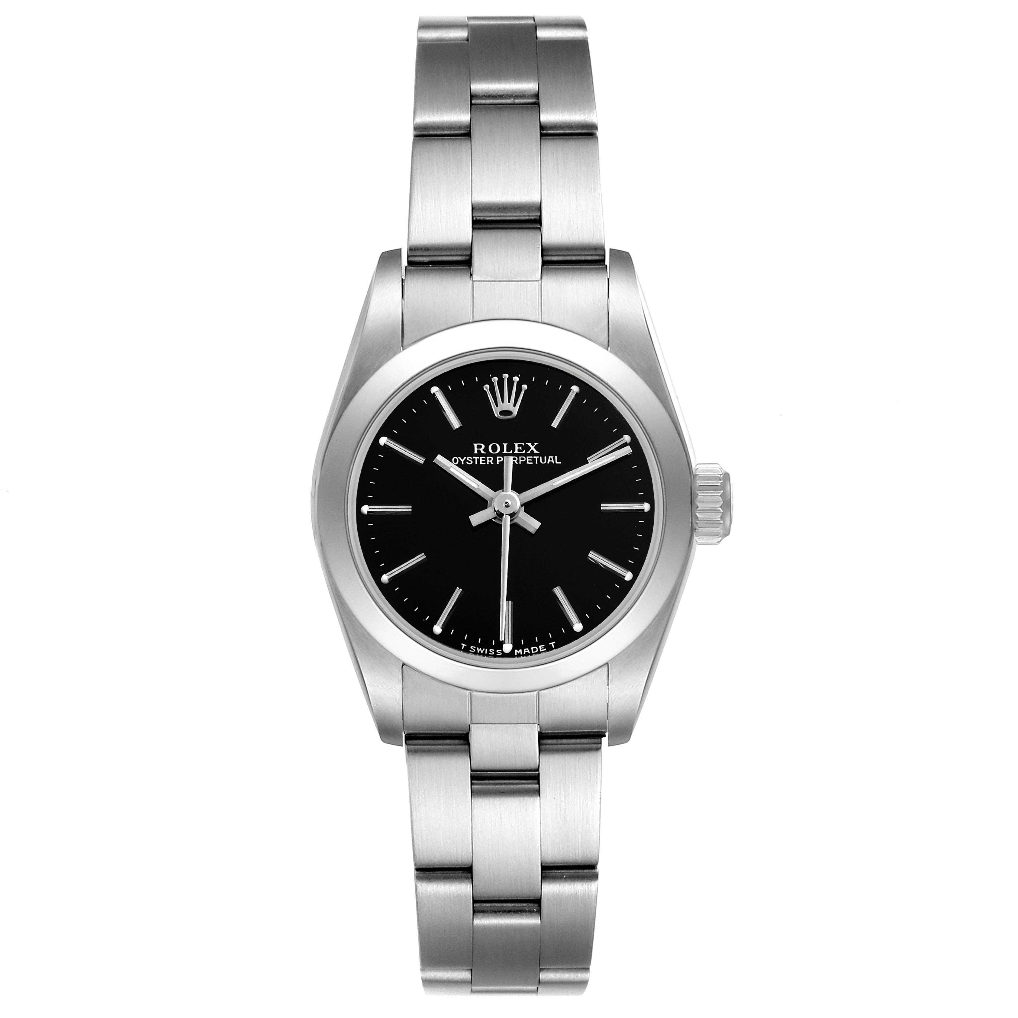 This image shows a front view of a Rolex Oyster Perpetual 67180 Women's Stainless Steel Black Dial 67180 Women's Stainless Steel Black Dial watch, highlighting its black dial, silver hour markers, and stainless steel bracelet.