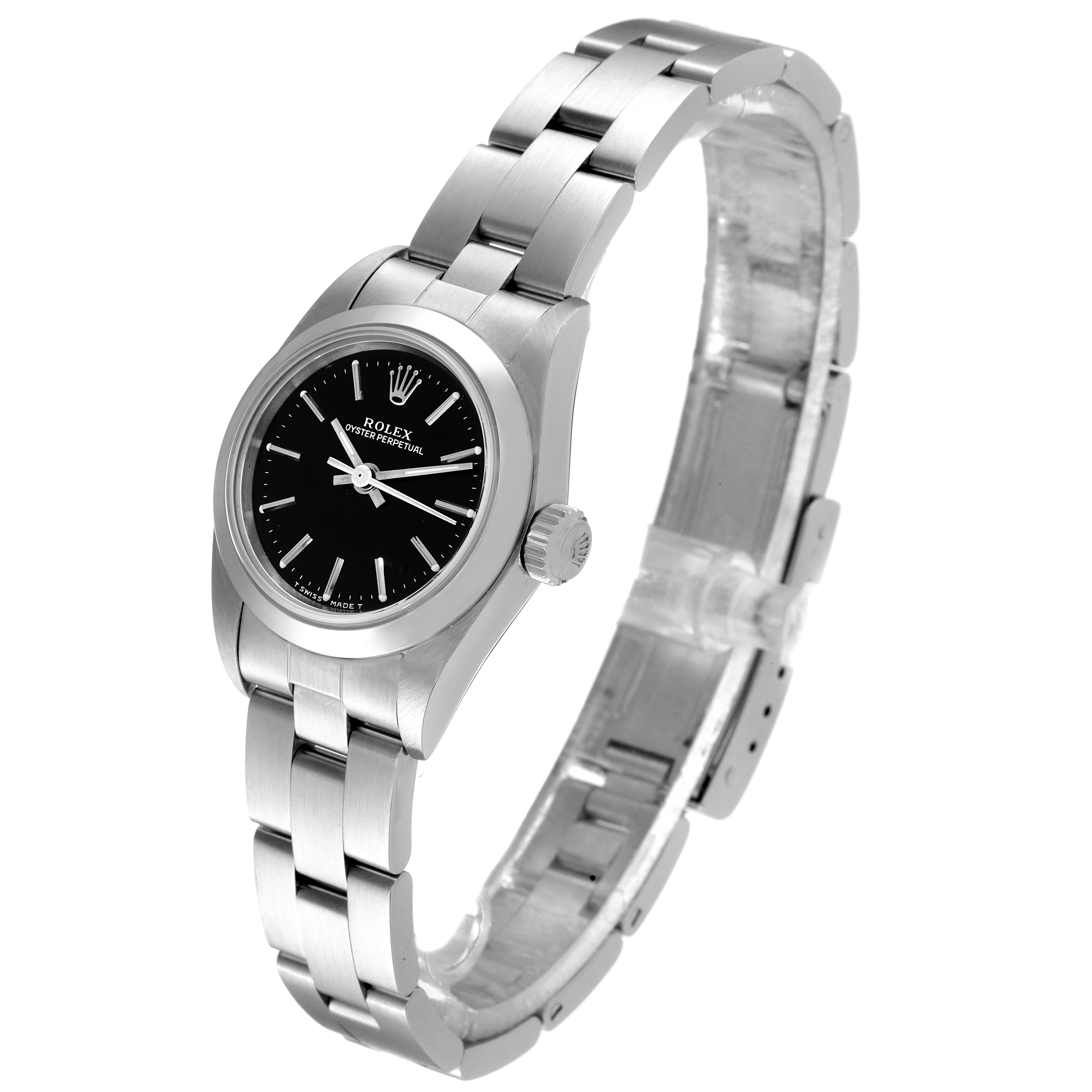 The Rolex Oyster Perpetual 67180 Women's Stainless Steel Black Dial 67180 Women's Stainless Steel Black Dial watch is shown at an angled view, highlighting the face, crown, and bracelet.