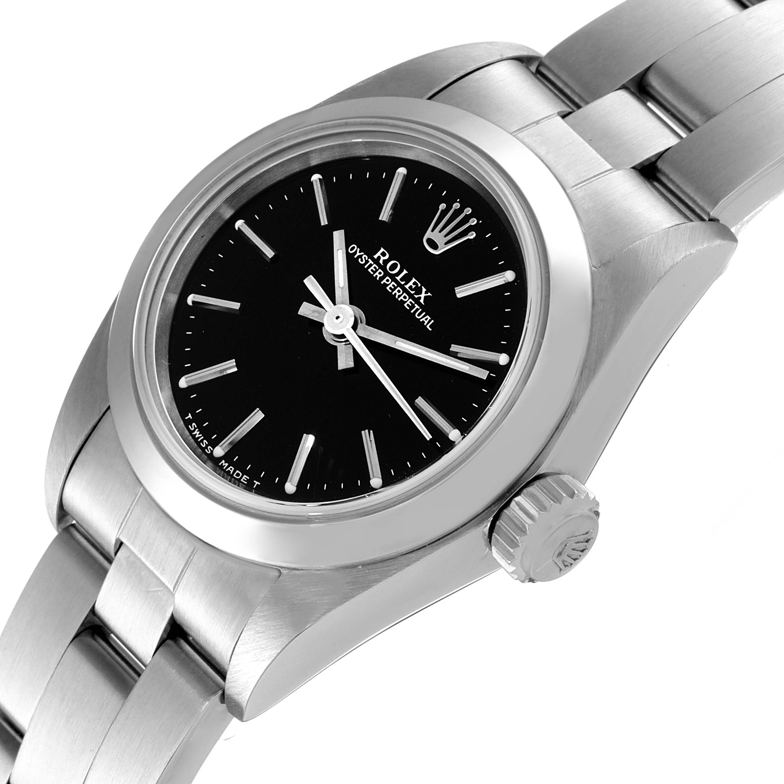 The image shows a side angle of the Rolex Oyster Perpetual 67180 Women's Stainless Steel Black Dial 67180 Women's Stainless Steel Black Dial watch, highlighting its black dial, stainless steel case, and bracelet.