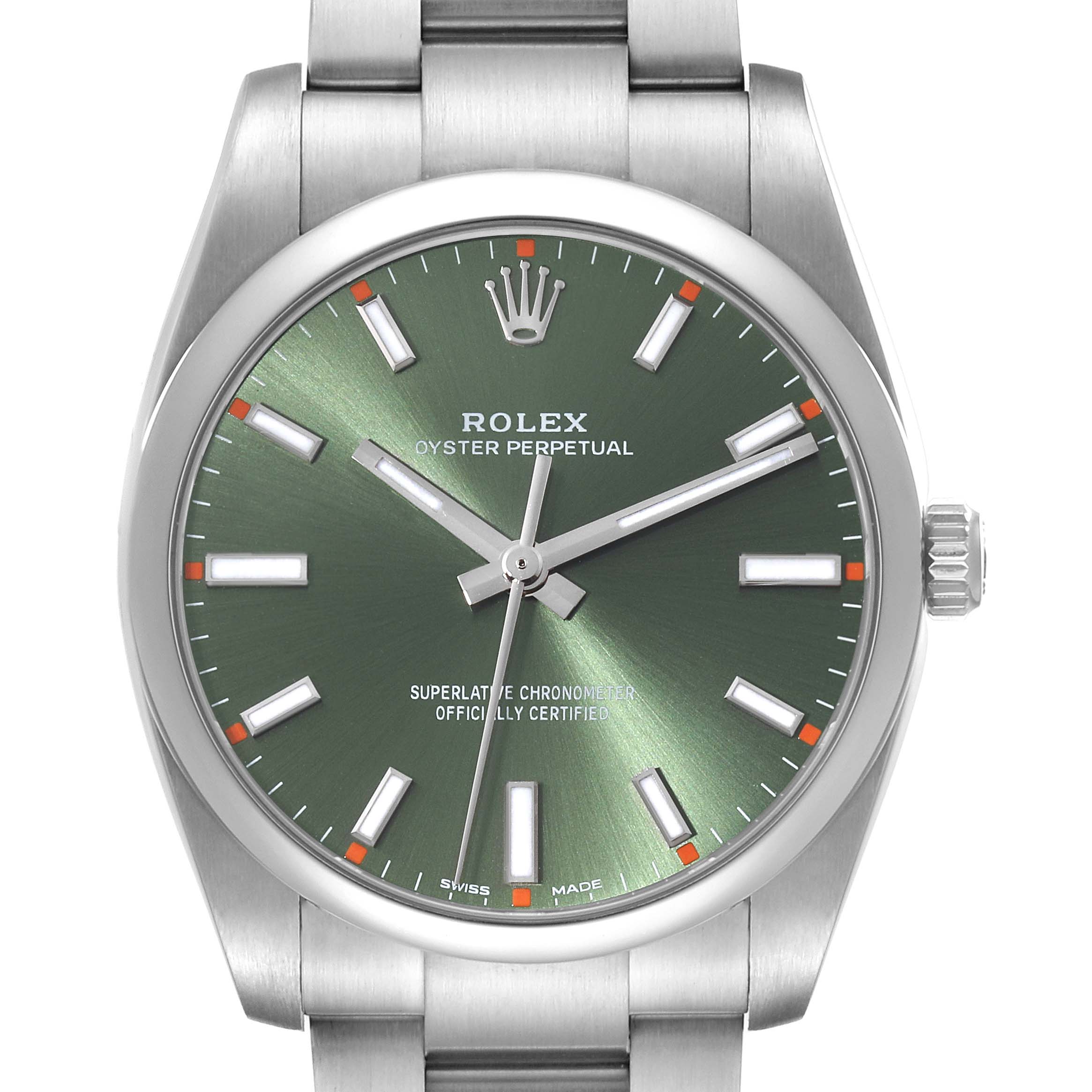 This image shows a front view of a Rolex Oyster Perpetual 114200 Men
s Stainless Steel Green Dial 114200 Men
s Stainless Steel Green Dial watch displaying the face, hands, crown, and parts of the bracelet.