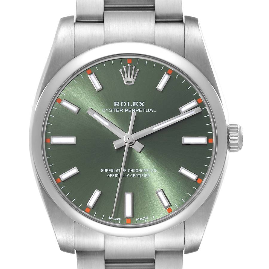 Rolex Oyster Perpetual Olive Green Dial Steel Mens Watch 114200 SwissWatchExpo
