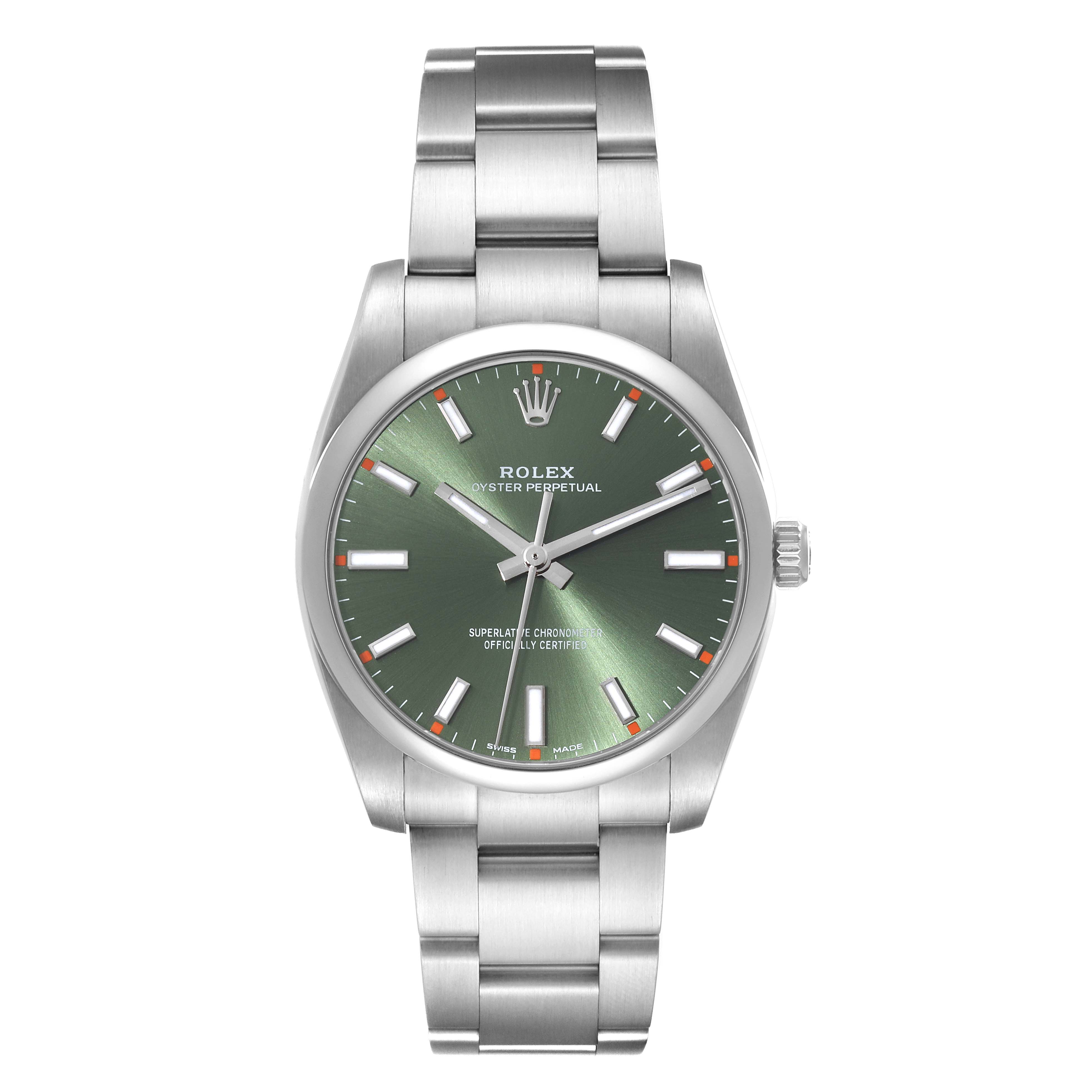 The image shows a front view of a Rolex Oyster Perpetual 114200 Men
s Stainless Steel Green Dial 114200 Men
s Stainless Steel Green Dial watch with a green dial and brushed stainless steel bracelet.