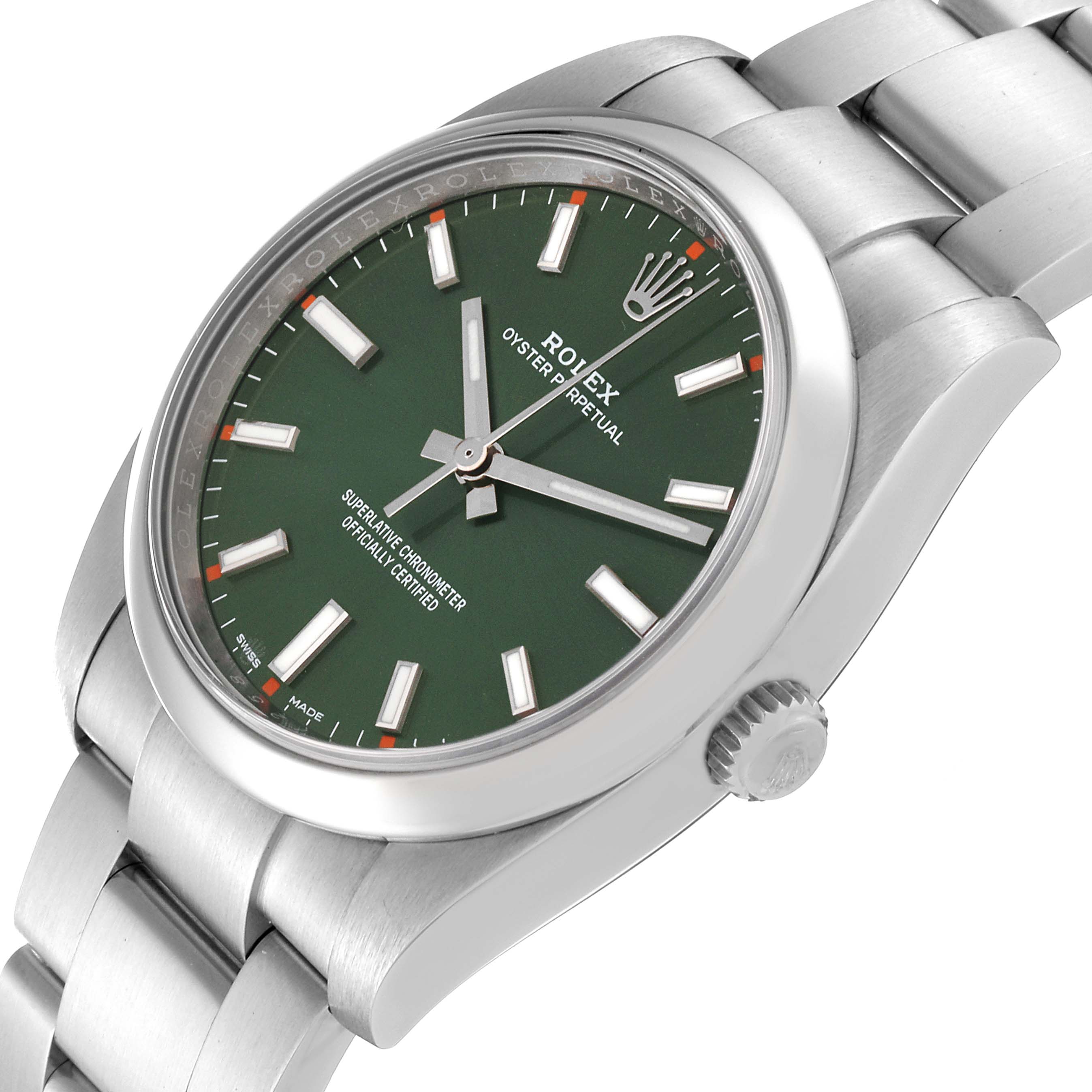 This image shows a close-up, angled view of a Rolex Oyster Perpetual 114200 Men
s Stainless Steel Green Dial 114200 Men
s Stainless Steel Green Dial watch, highlighting the dial, crown, and part of the bracelet.