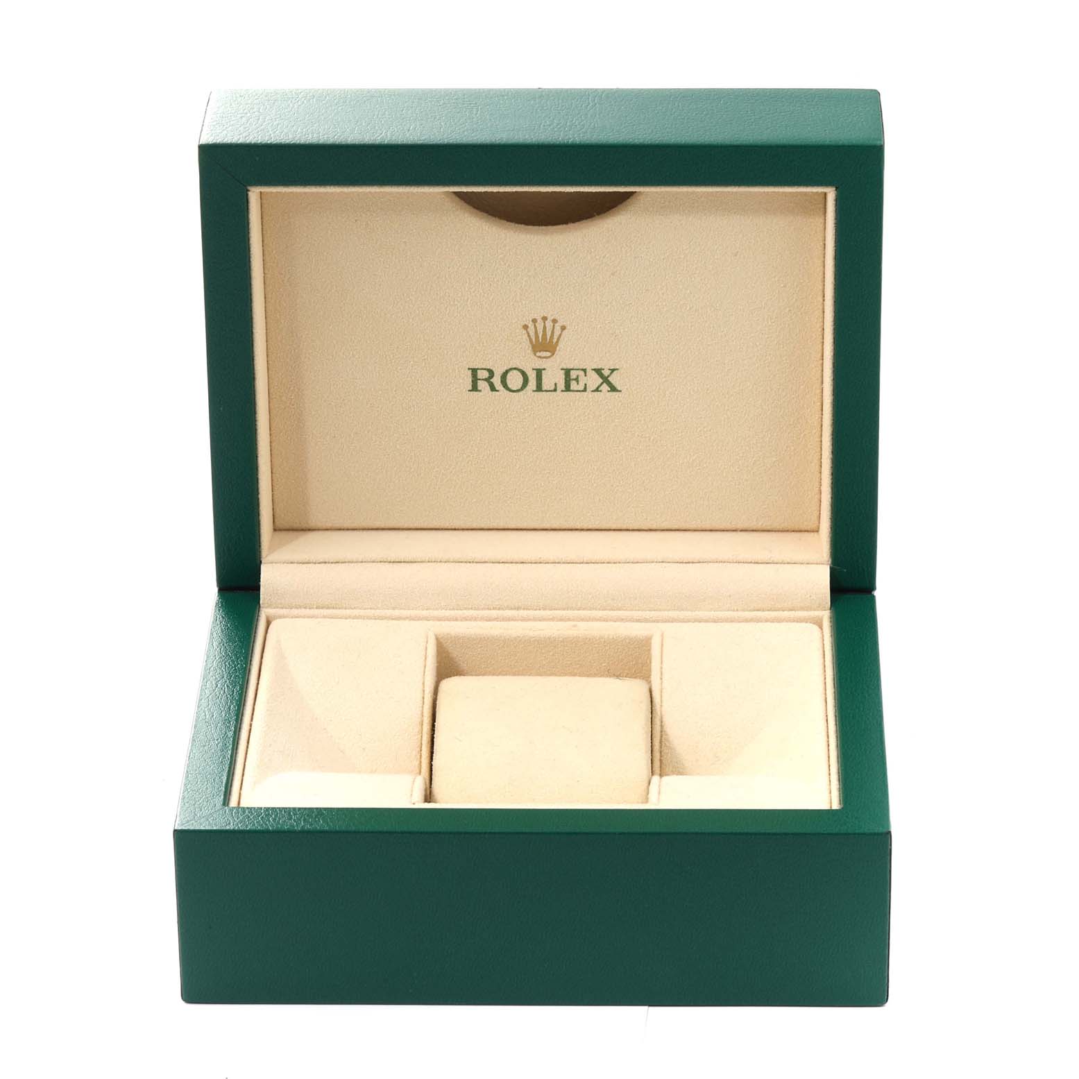 This is an open green and beige Rolex Oyster Perpetual 114200 Men
s Stainless Steel Green Dial 114200 Men
s Stainless Steel Green Dial watch box showing the interior compartments for holding the watch.
