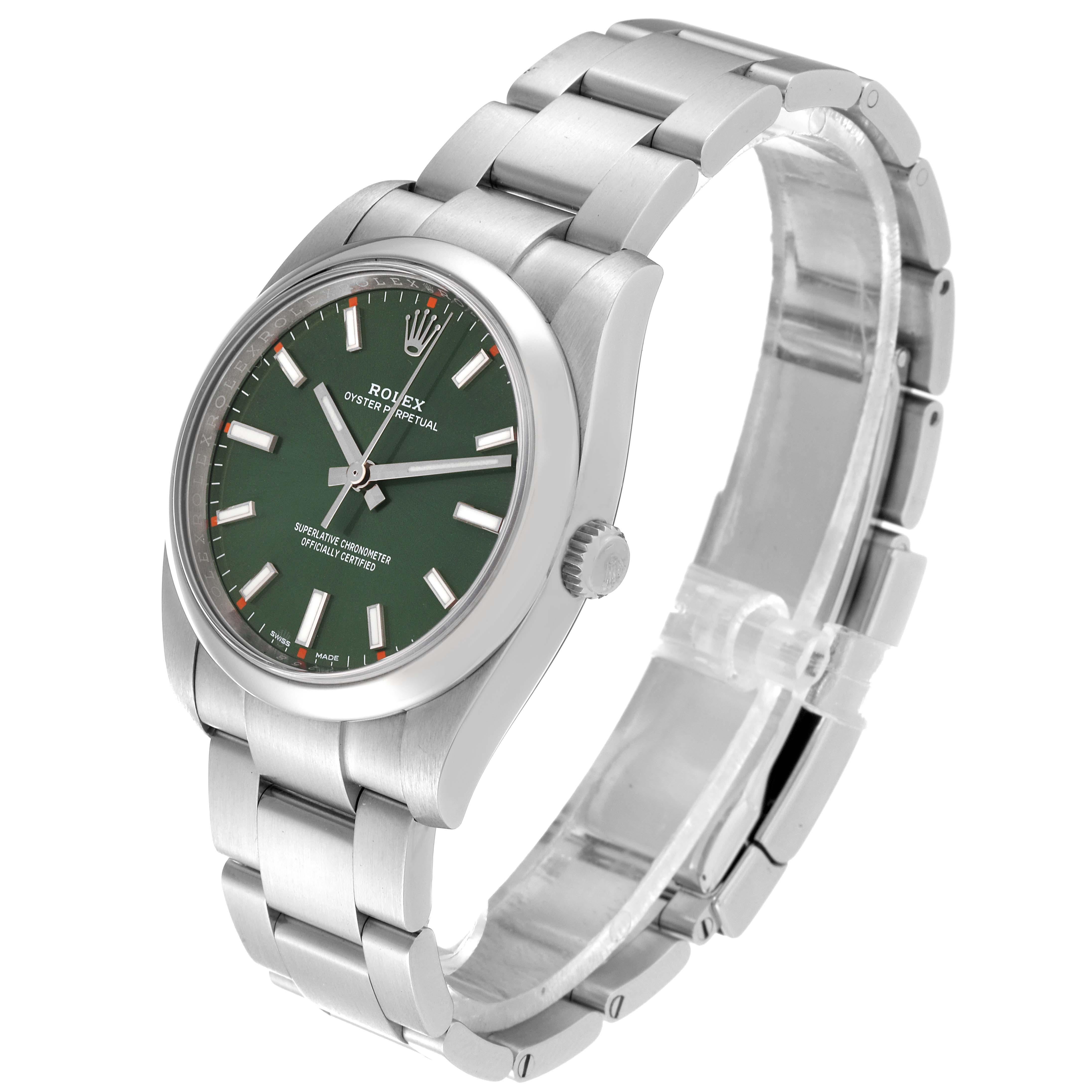 The image shows a side angle view of a Rolex Oyster Perpetual 114200 Men
s Stainless Steel Green Dial 114200 Men
s Stainless Steel Green Dial watch, highlighting its green dial and metal bracelet.
