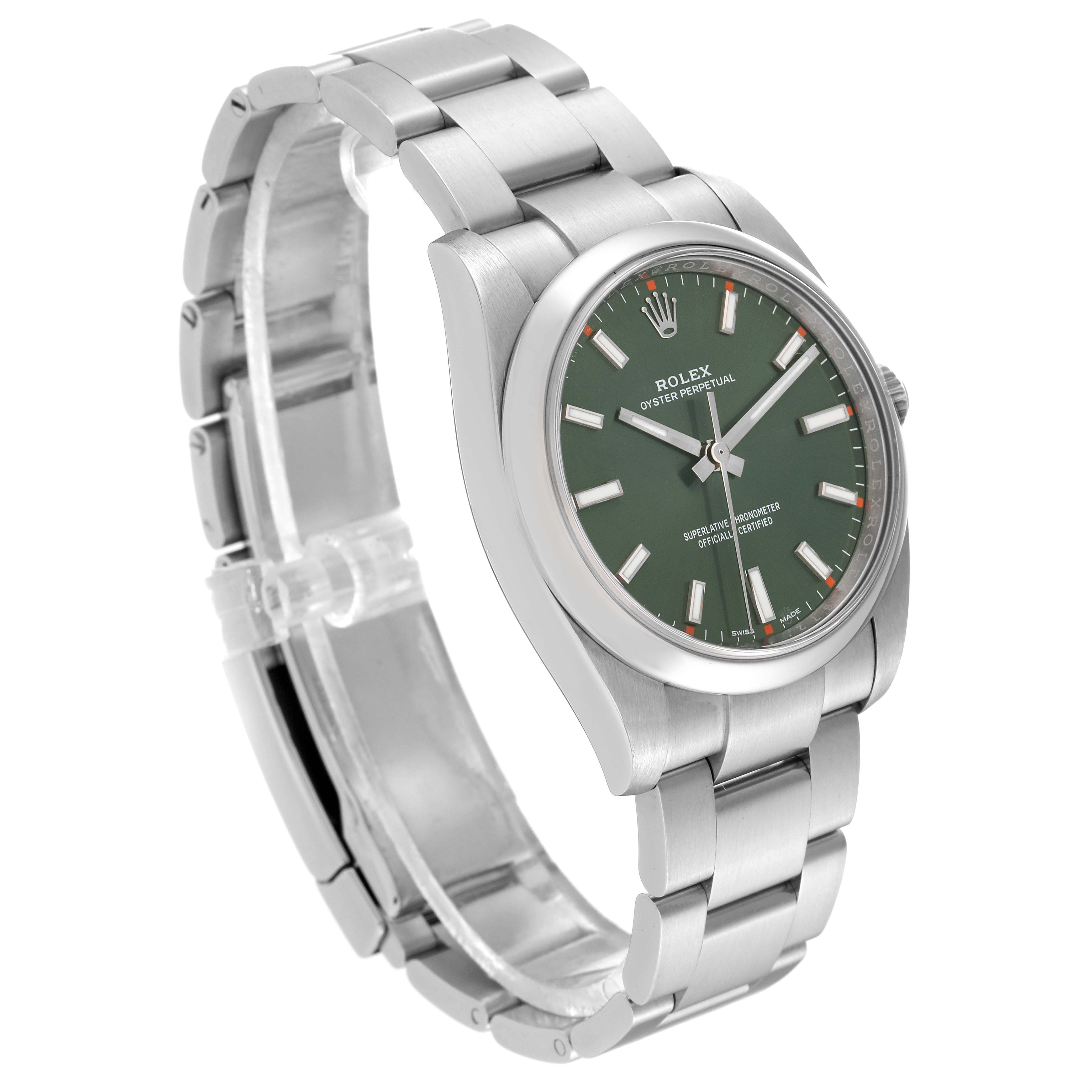 The image shows a side-angle view of the Rolex Oyster Perpetual 114200 Men
s Stainless Steel Green Dial 114200 Men
s Stainless Steel Green Dial watch, including the stainless steel bracelet and green dial.