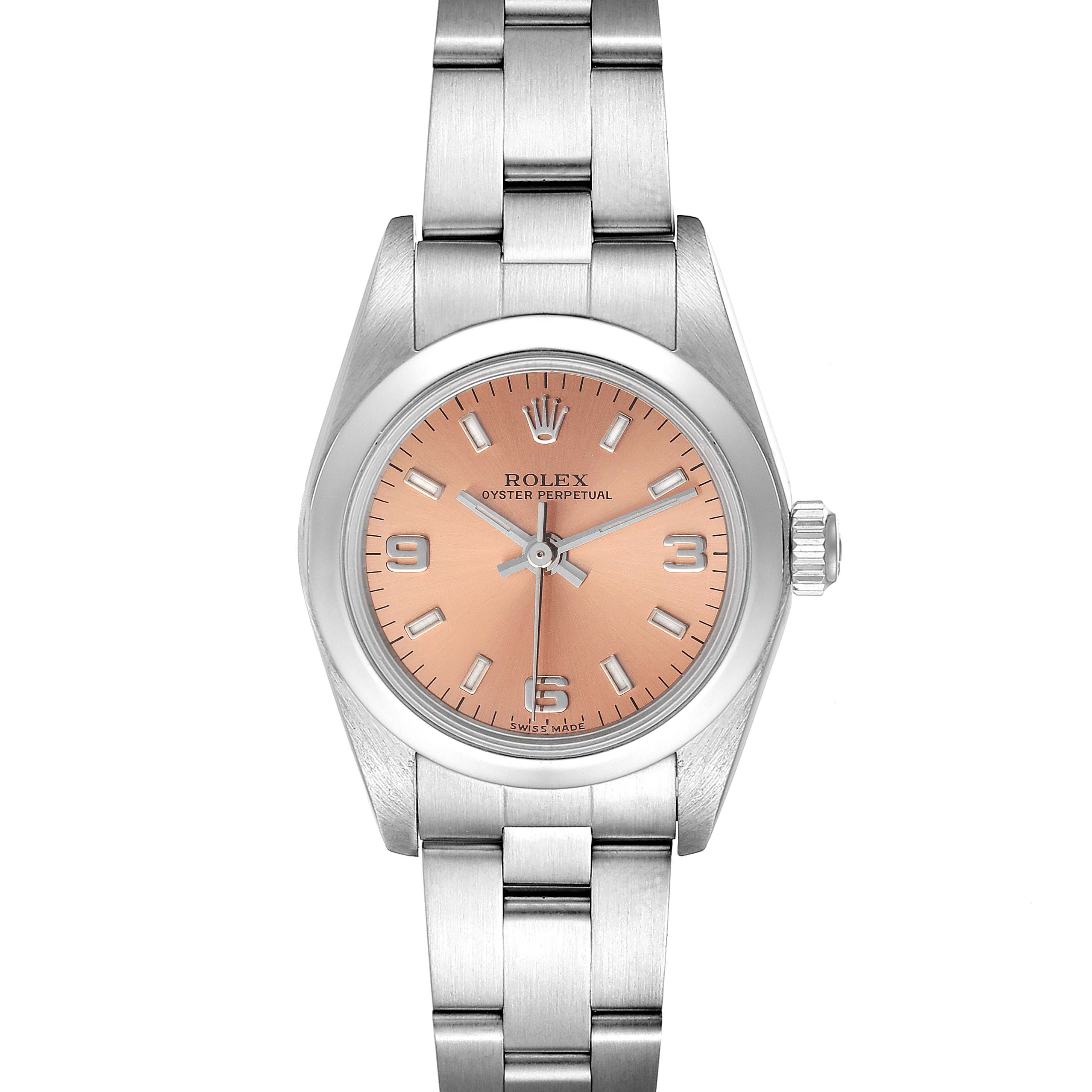 This image shows the front view of the Rolex Oyster Perpetual 76080 Women
s Stainless Steel Pink Dial 76080 Women
s Stainless Steel Pink Dial watch, highlighting the dial, hands, case, and bracelet.