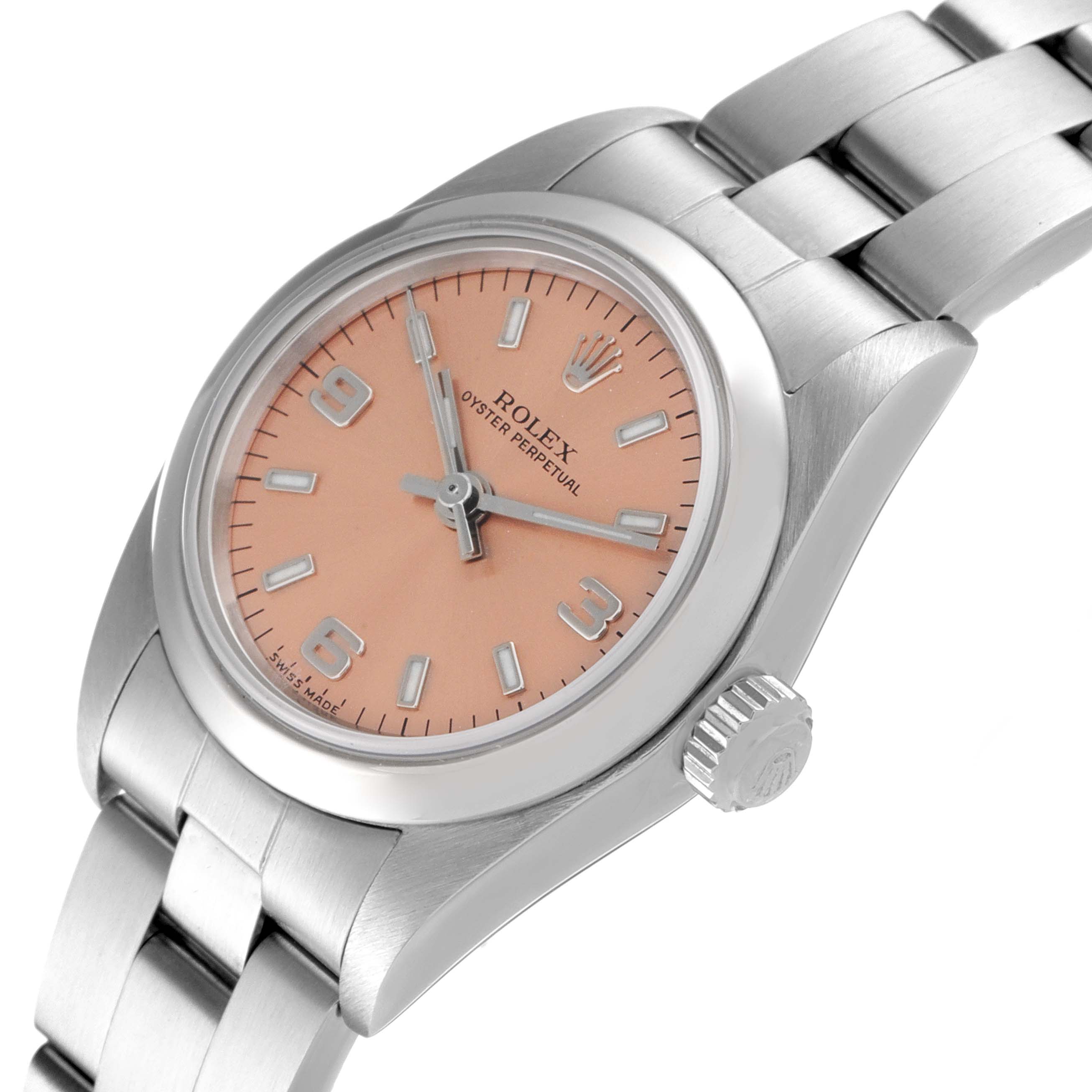 This Rolex Oyster Perpetual 76080 Women
s Stainless Steel Pink Dial 76080 Women
s Stainless Steel Pink Dial watch is shown at an angled view, displaying the peach dial, silver hour markers, and metal bracelet.