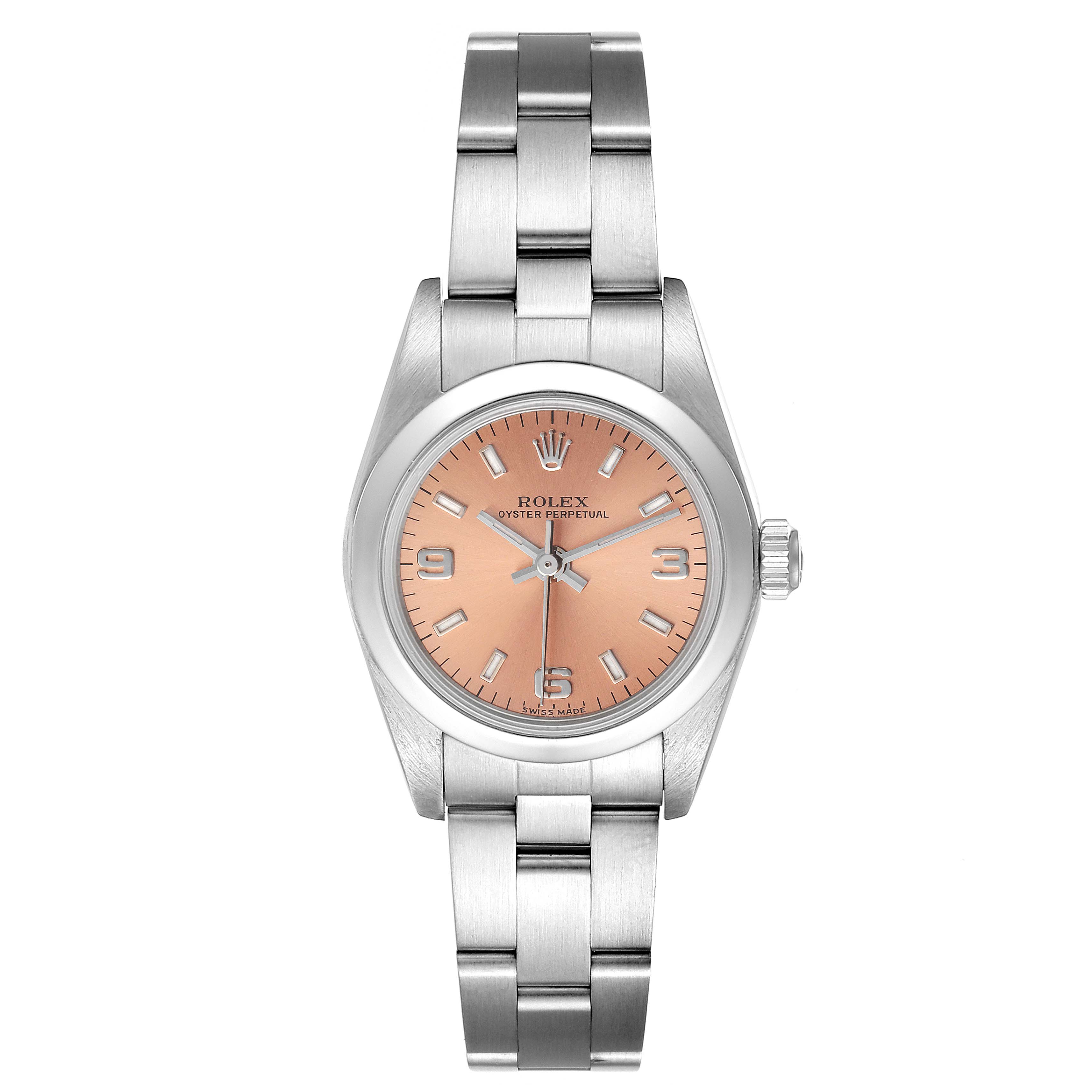 This Rolex Oyster Perpetual 76080 Women
s Stainless Steel Pink Dial 76080 Women
s Stainless Steel Pink Dial watch is shown in a top-down view, displaying its face, bezel, and bracelet.