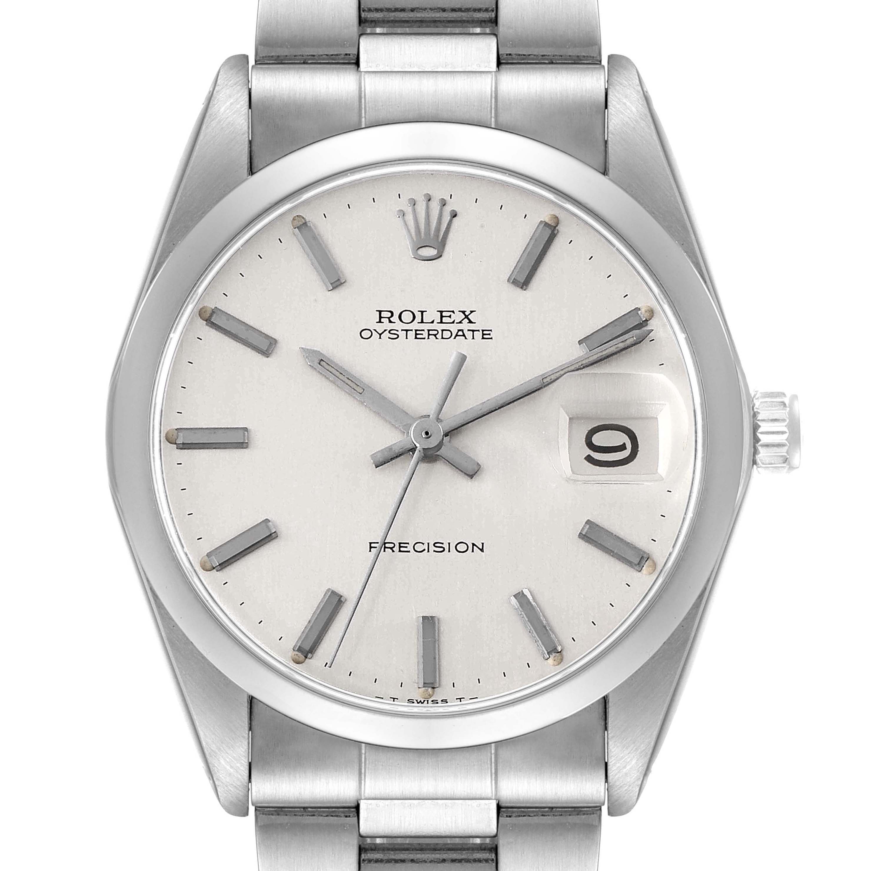 This image shows a front view of a Rolex Oysterdate Precision watch, displaying its dial, bezel, lugs, crown, and bracelet.