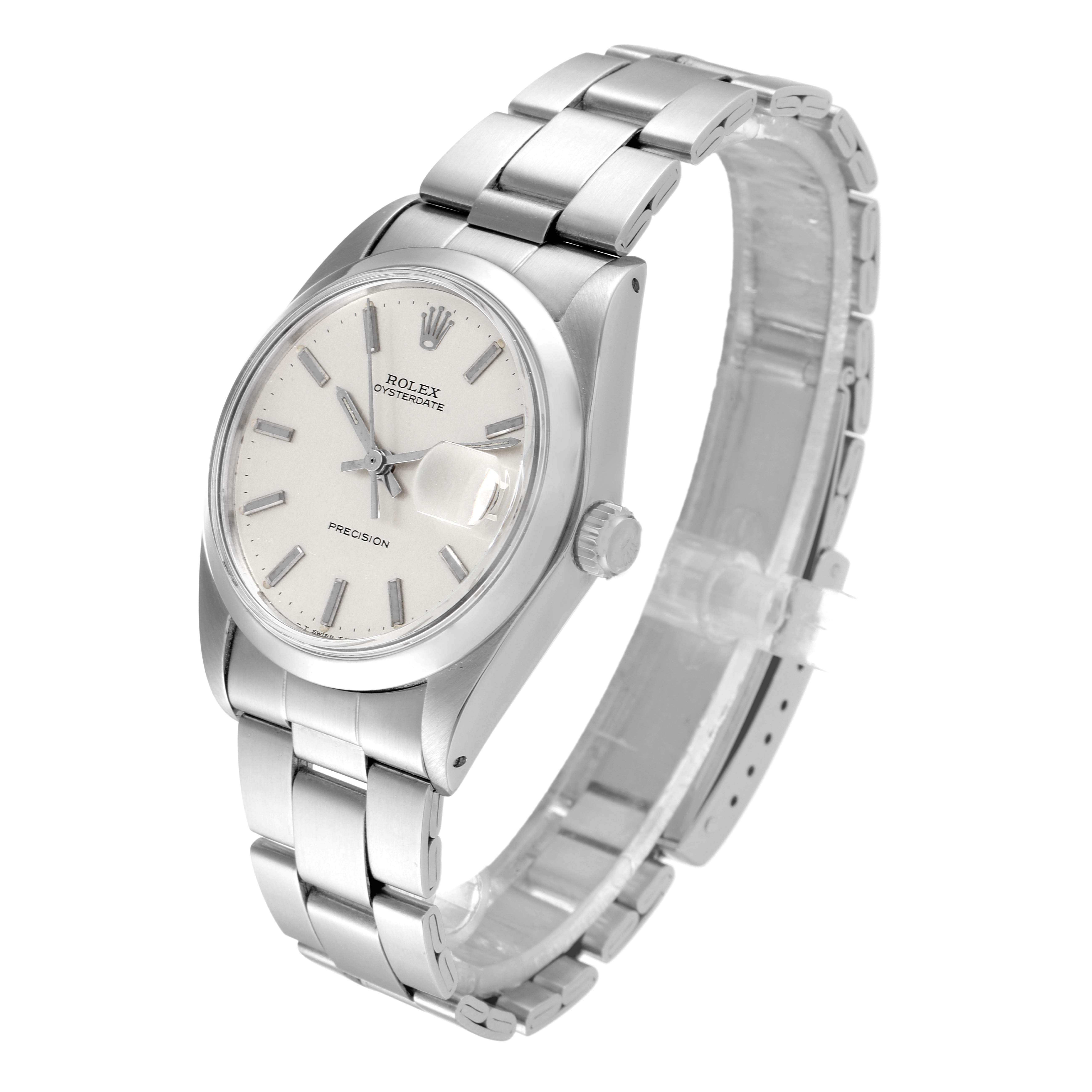 This image shows a Rolex Date 6694 Men's Stainless Steel Silver Dial 6694 Men's Stainless Steel Silver Dial model watch angled to display the dial, case, bracelet, and partially the crown.