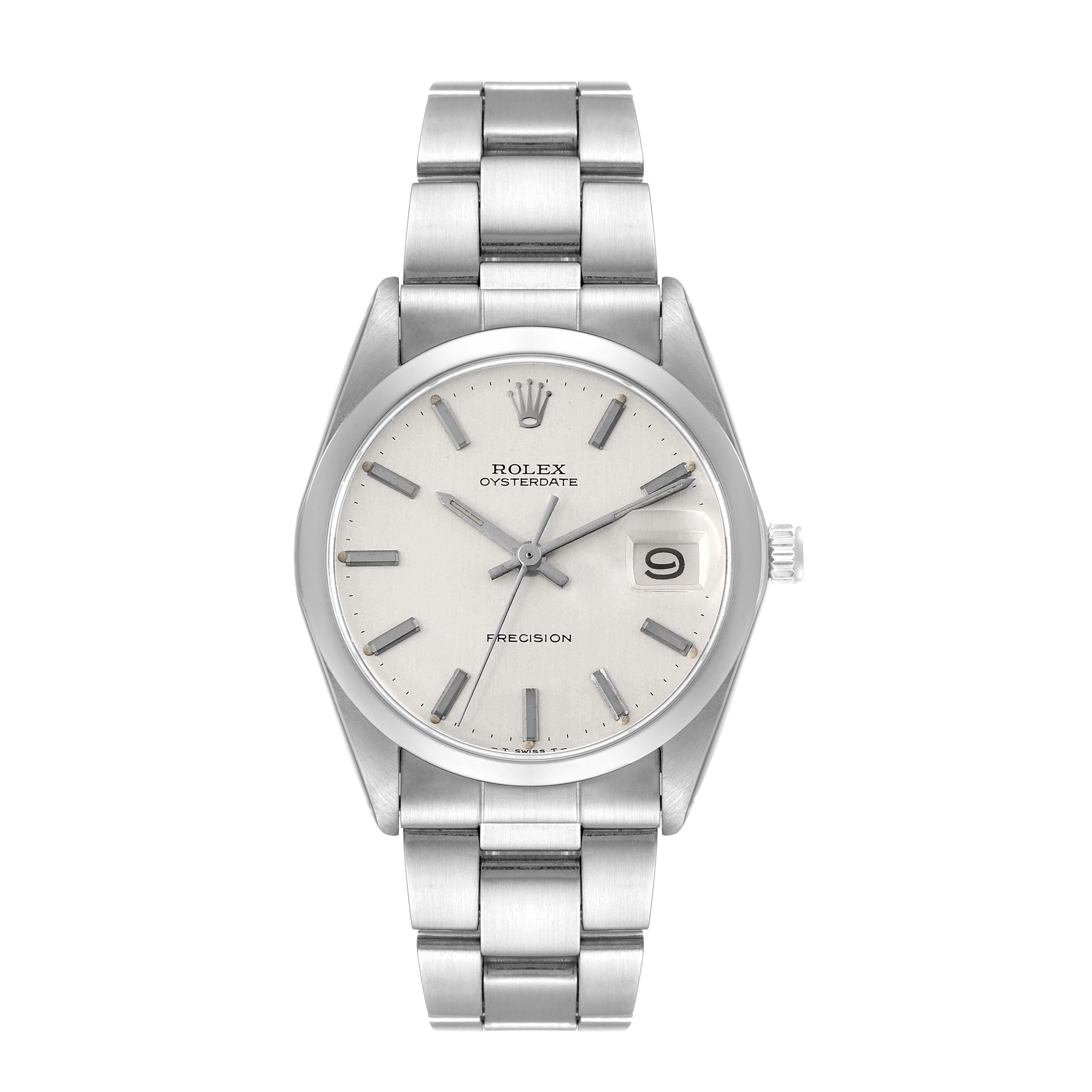 The image shows a front view of the Rolex Oysterdate Precision watch, featuring its dial, case, bracelet, and the date window at 3 o'clock.