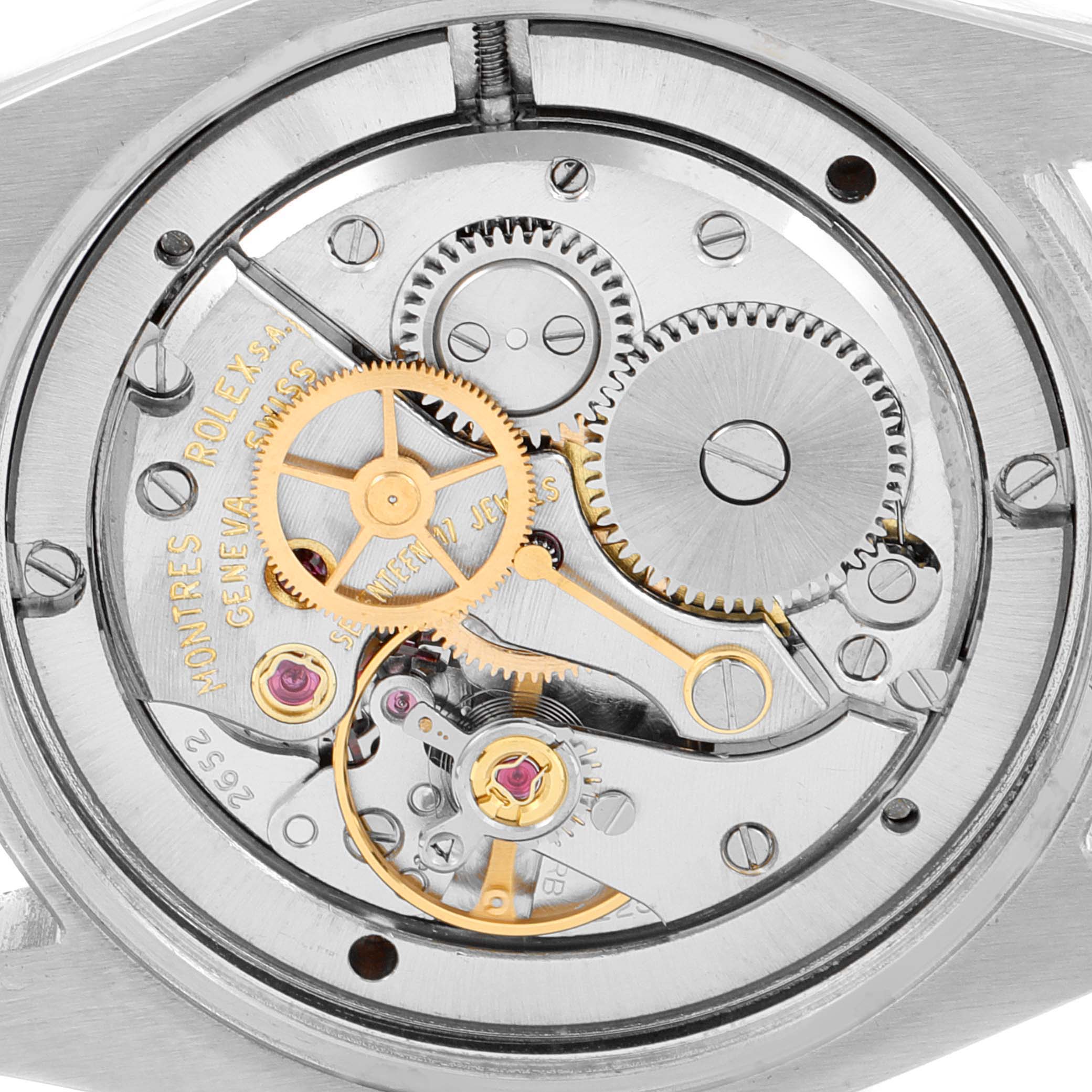 This image shows the internal movement components of a Rolex Date 6694 Men's Stainless Steel Silver Dial 6694 Men's Stainless Steel Silver Dial model watch, viewed from the back.