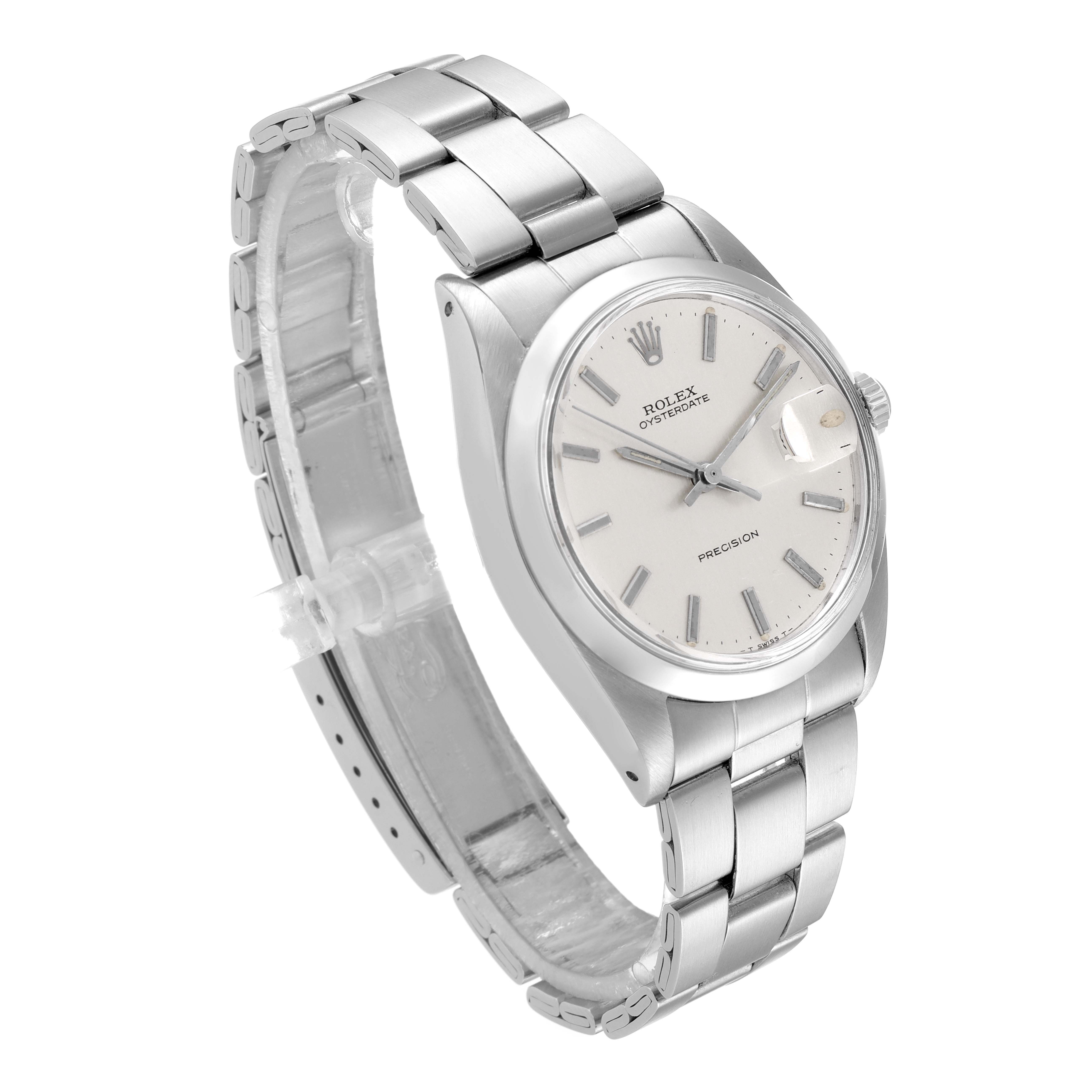 This Rolex Date 6694 Men's Stainless Steel Silver Dial 6694 Men's Stainless Steel Silver Dial model watch is shown at a slight angle, revealing the face, bezel, bracelet, and clasp.