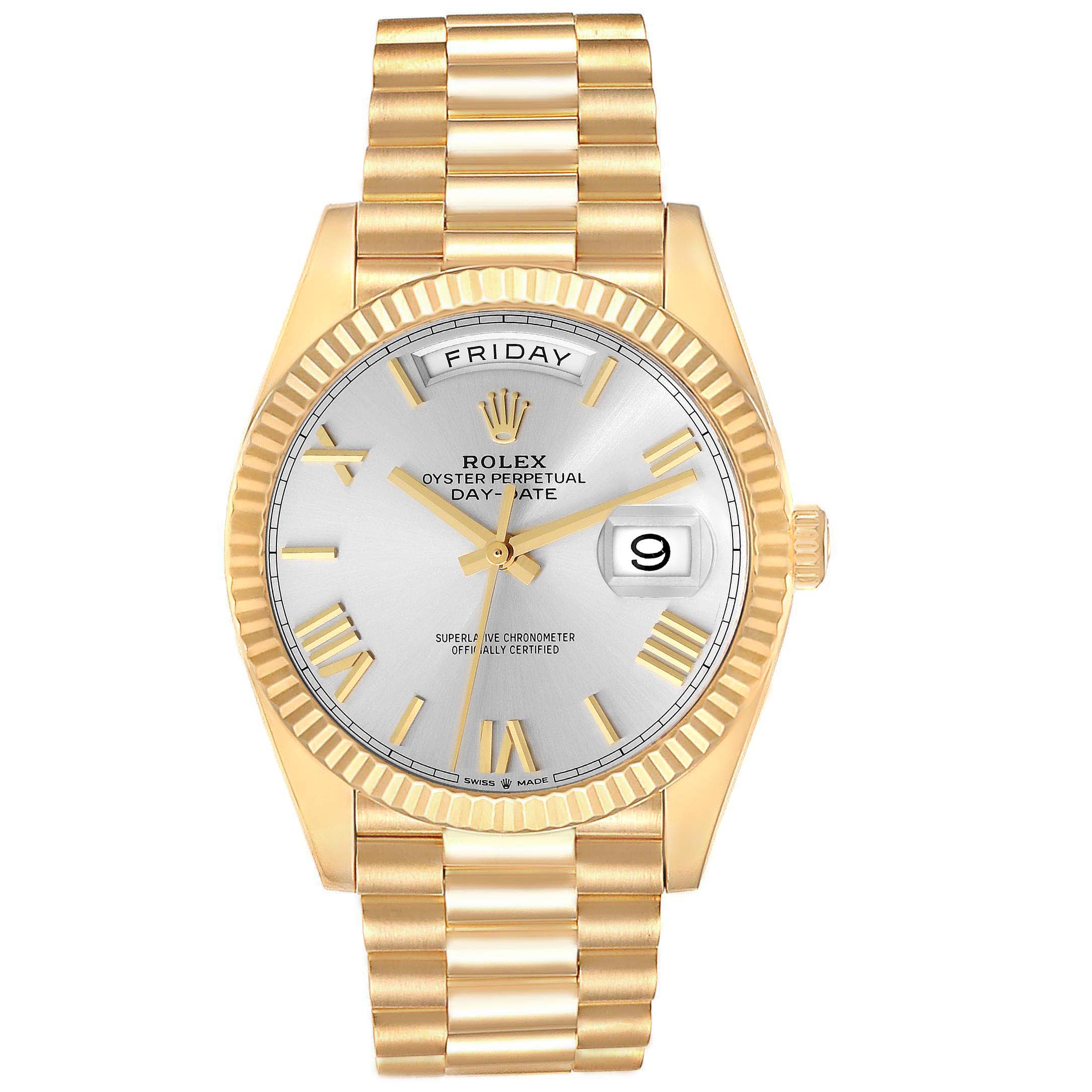 This image shows a Rolex President 228238 Men
s Yellow Gold Silver Dial 228238 Men
s Yellow Gold Silver Dial model watch from the front, highlighting the dial, bracelet, and day-date display.