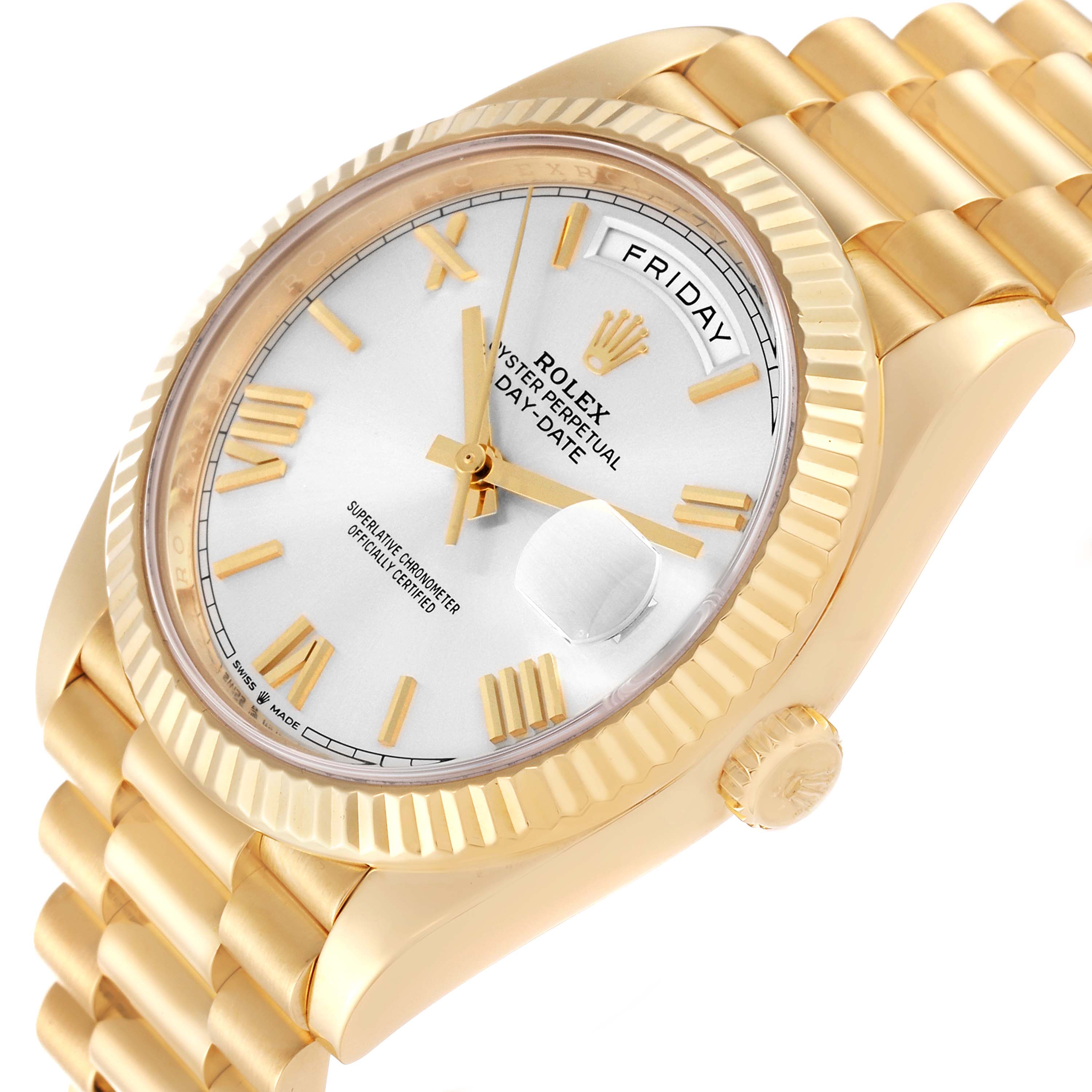 The image shows a Rolex President 228238 Men
s Yellow Gold Silver Dial 228238 Men
s Yellow Gold Silver Dial model watch at an angle highlighting the dial, fluted bezel, and part of the bracelet.