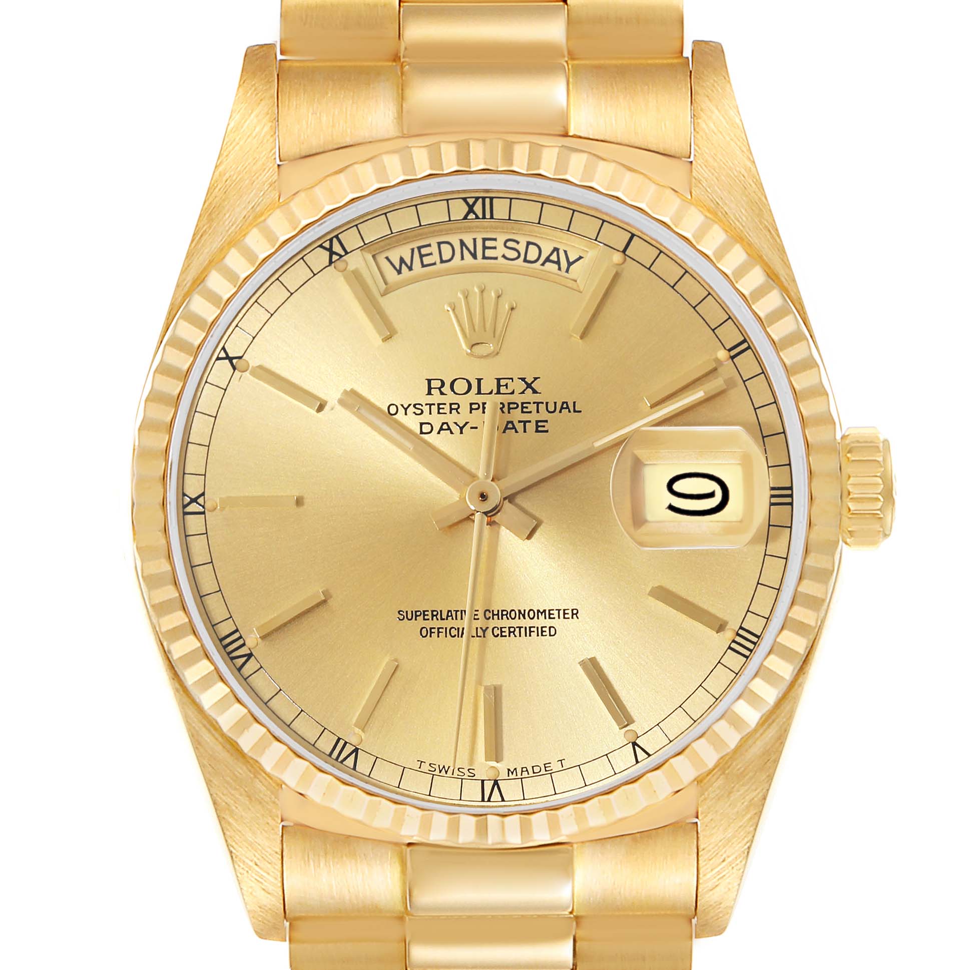This image shows a front view of a Rolex President 18038 Men's Yellow Gold Champagne Dial 18038 Men's Yellow Gold Champagne Dial model watch, highlighting the dial, day-date display, and bracelet.
