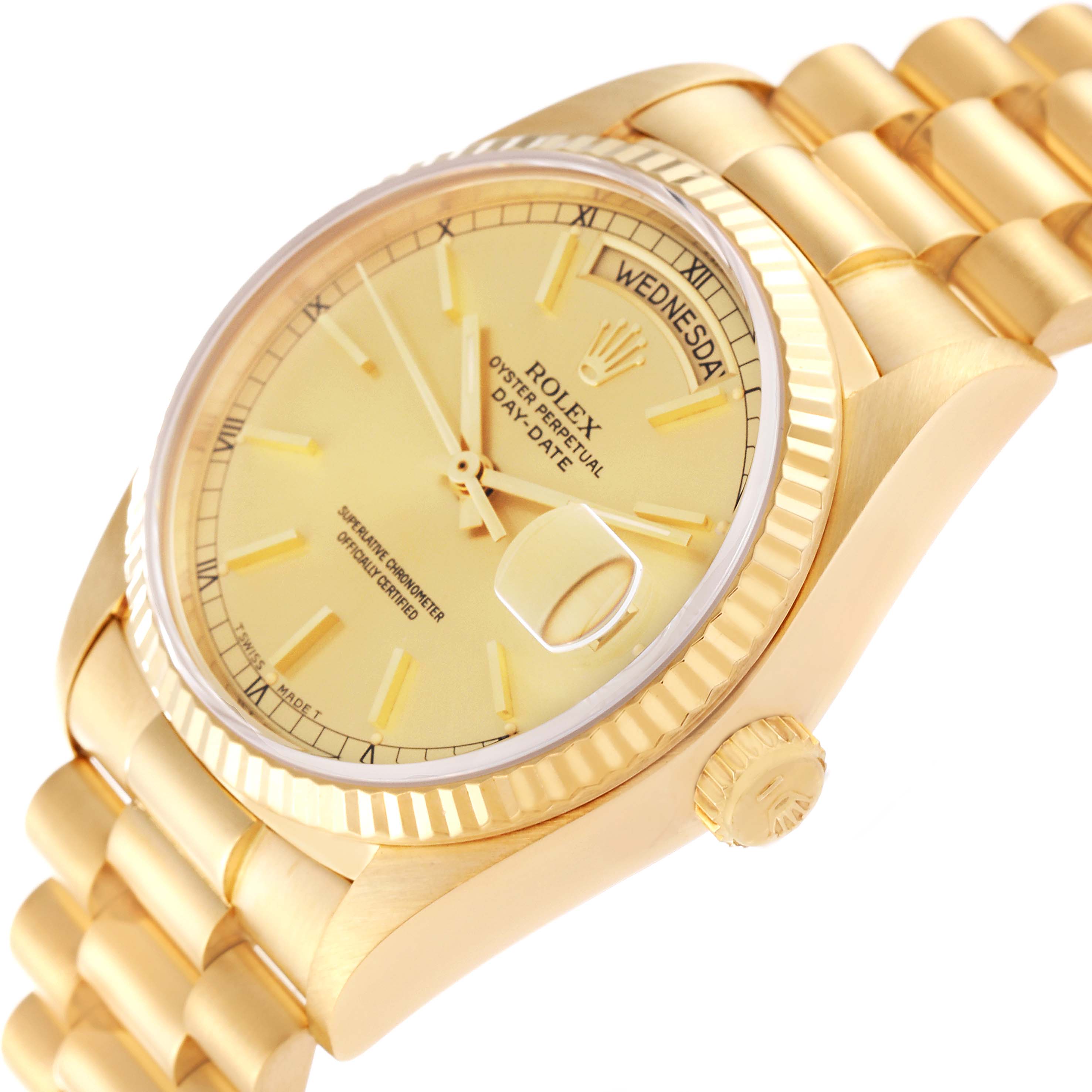 This image shows a close-up, angled side view of the Rolex President 18038 Men's Yellow Gold Champagne Dial 18038 Men's Yellow Gold Champagne Dial Day-Date watch, highlighting the dial, bezel, crown, and bracelet.