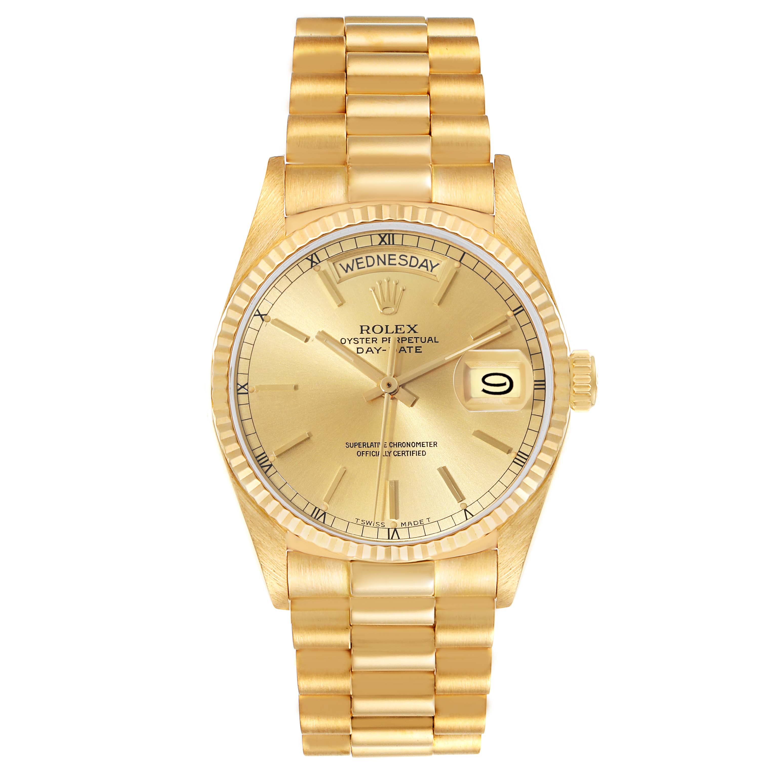 This is a front view of a Rolex President 18038 Men's Yellow Gold Champagne Dial 18038 Men's Yellow Gold Champagne Dial model watch, showing the dial, bezel, bracelet, and crown.