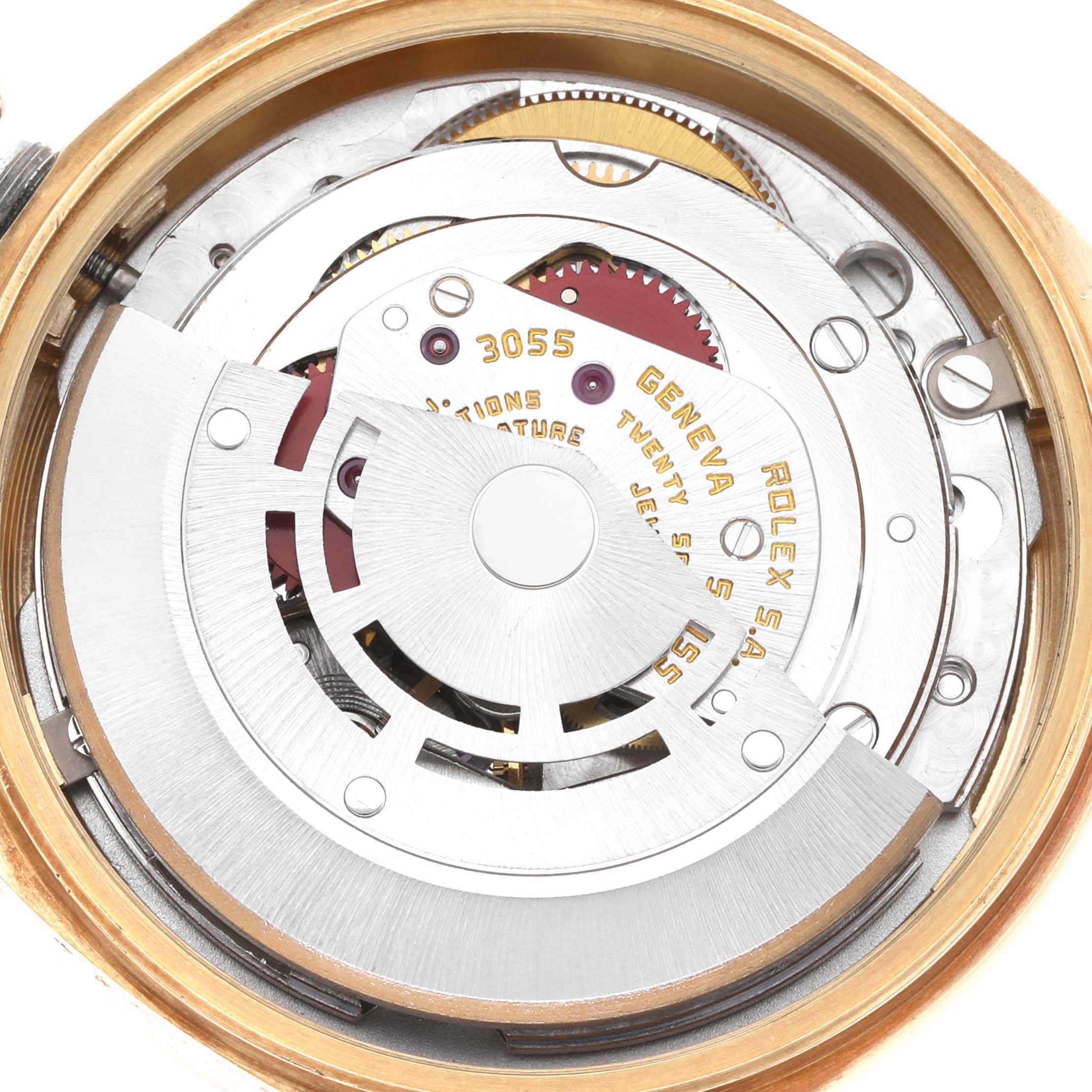 The image shows a close-up view of the movement mechanism inside a Rolex President 18038 Men's Yellow Gold Champagne Dial 18038 Men's Yellow Gold Champagne Dial model watch.
