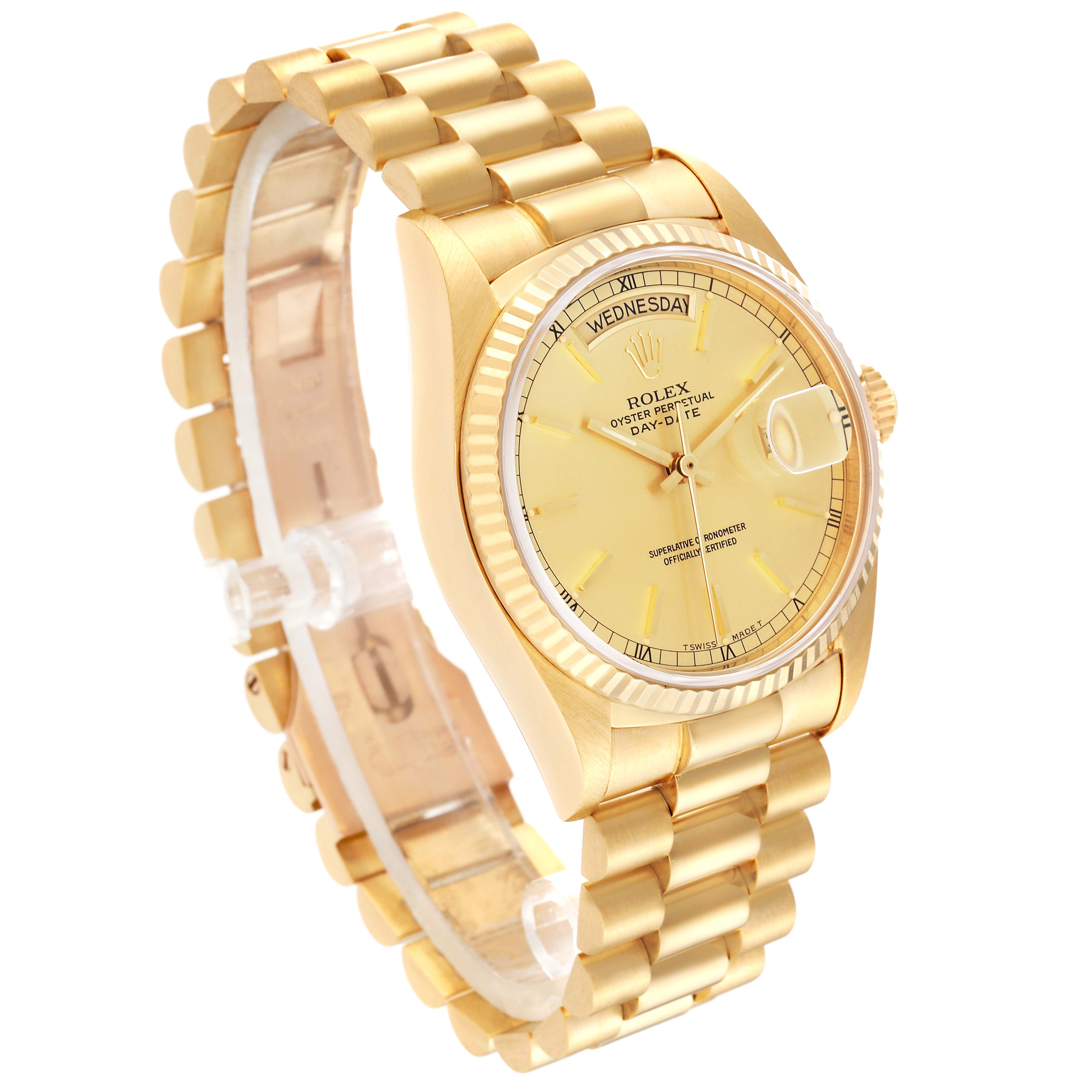 The Rolex President 18038 Men's Yellow Gold Champagne Dial 18038 Men's Yellow Gold Champagne Dial model watch is shown at a slight angle, highlighting the face, band, and crown.