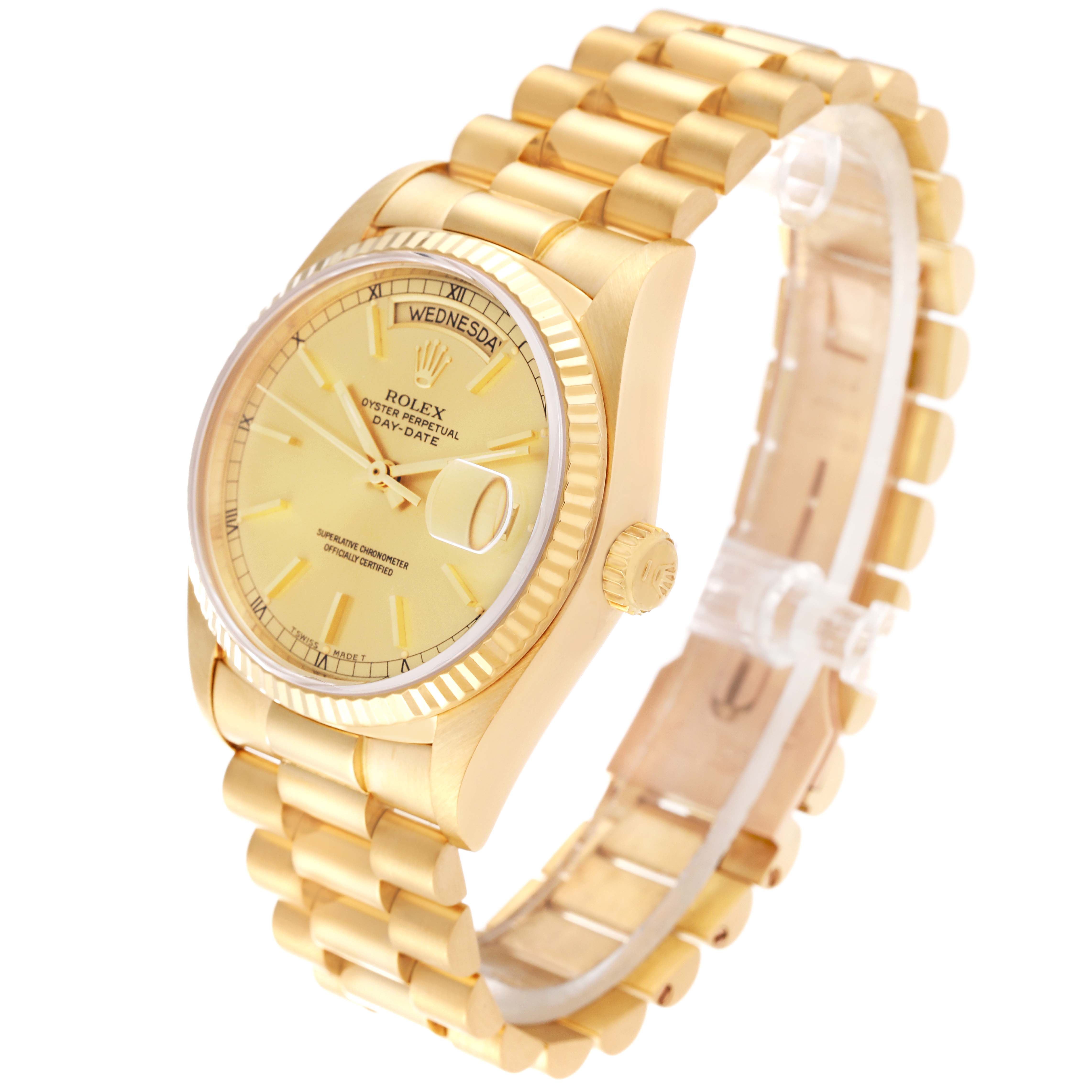 The image shows a Rolex President 18038 Men's Yellow Gold Champagne Dial 18038 Men's Yellow Gold Champagne Dial model watch at a 3/4 angle, highlighting its face, bracelet, and crown.