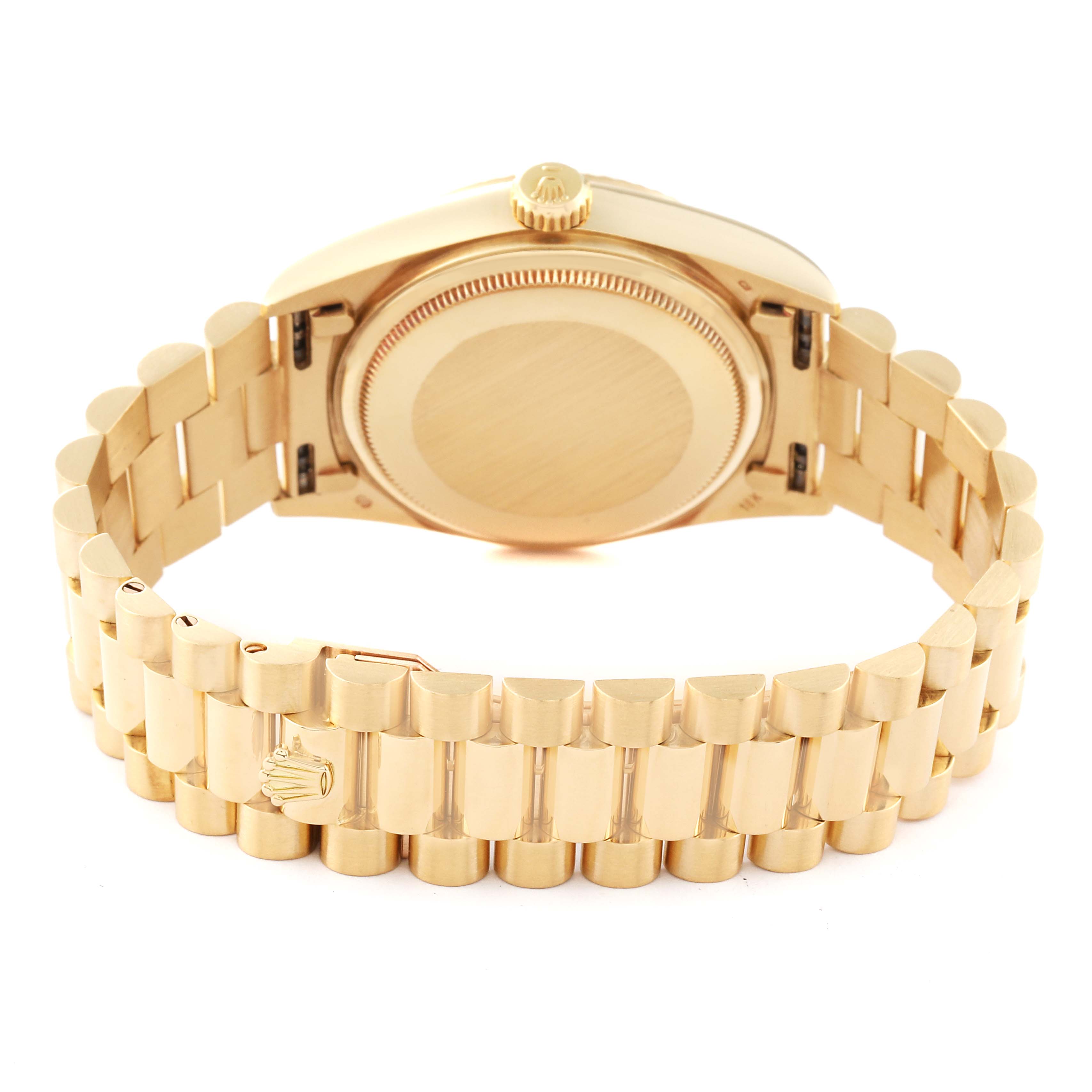 The image shows the back and bracelet of the Rolex President 18038 Men's Yellow Gold Champagne Dial 18038 Men's Yellow Gold Champagne Dial model, focused on the clasp and case back.