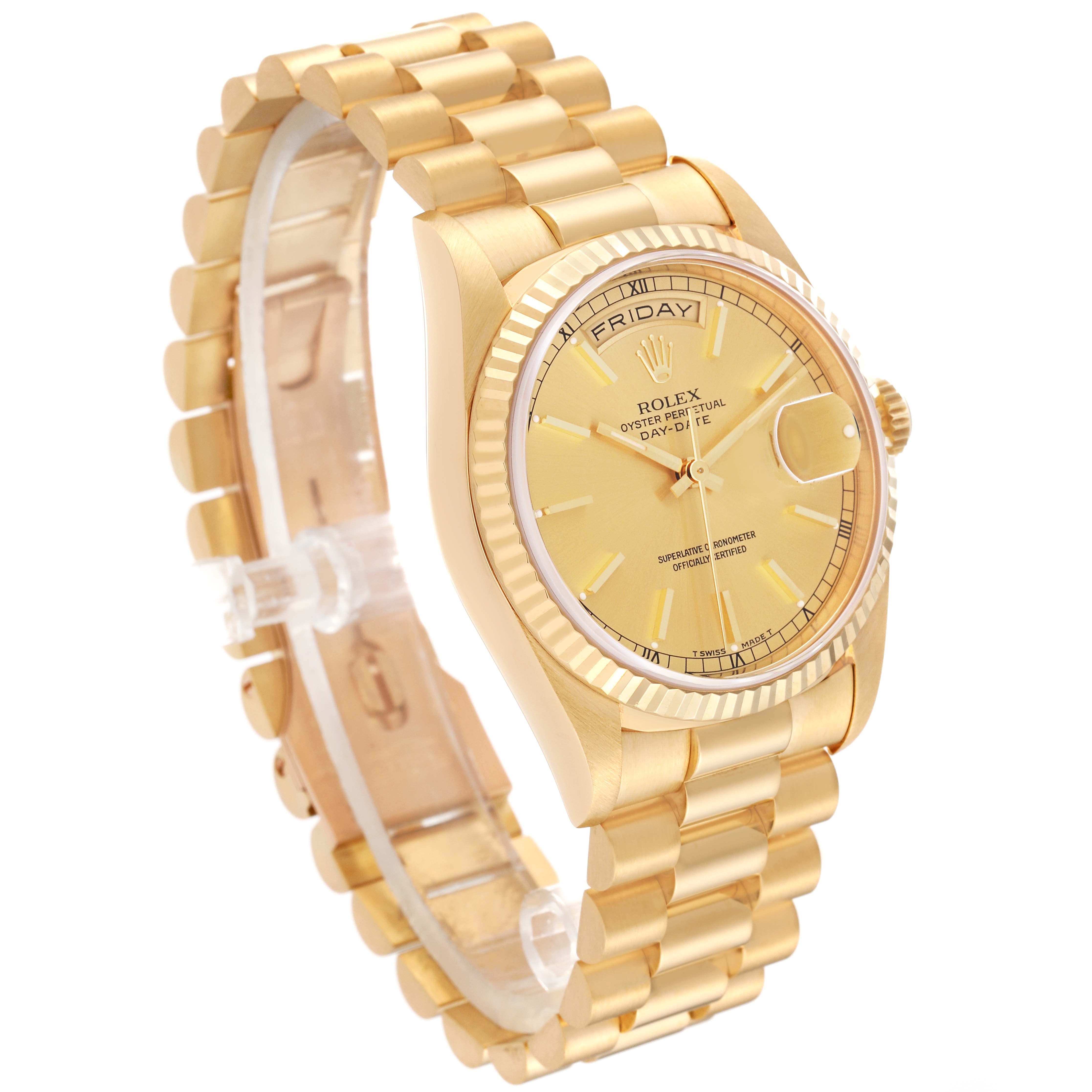 The image shows a side view angle of a Rolex President 18238 Men
s Yellow Gold Champagne Dial 18238 Men
s Yellow Gold Champagne Dial model watch, displaying its gold bracelet, dial, date window, and fluted bezel.