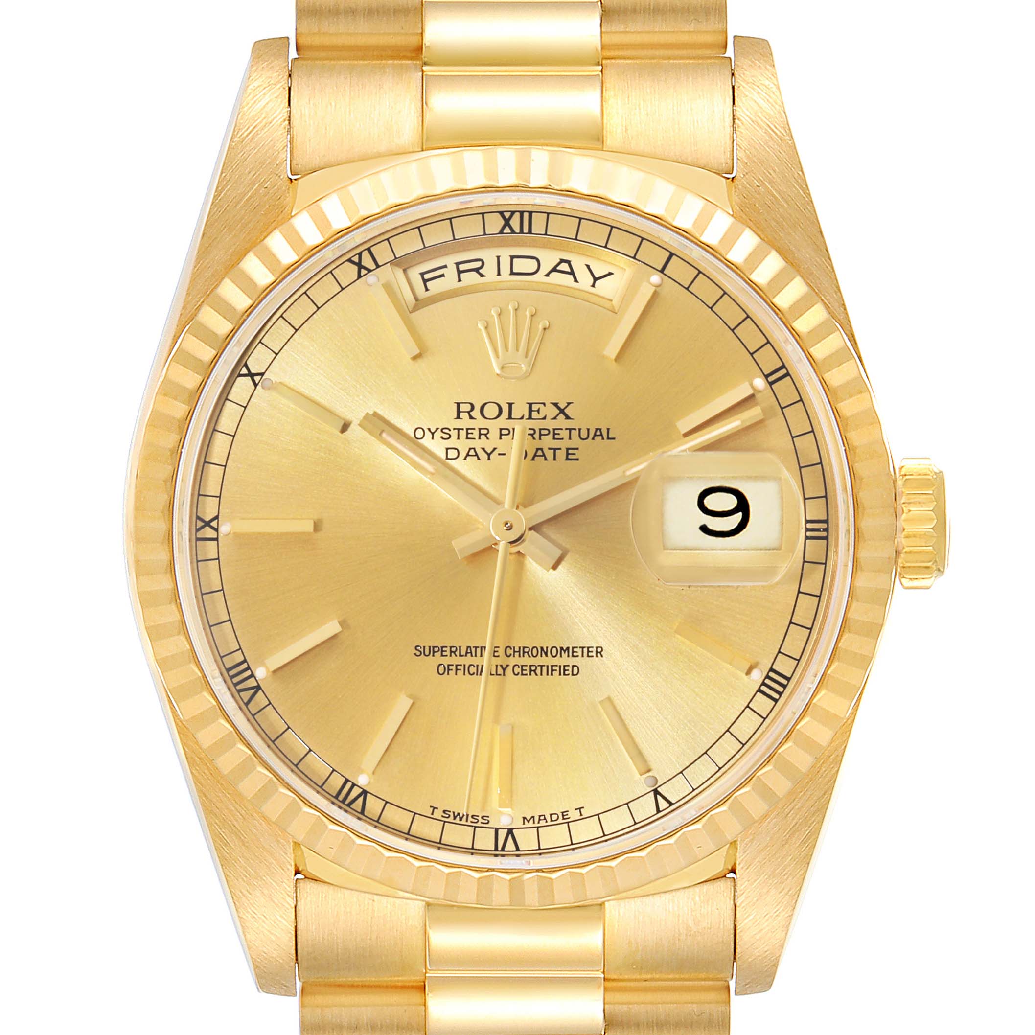 The image shows a front view of a Rolex President 18238 Men
s Yellow Gold Champagne Dial 18238 Men
s Yellow Gold Champagne Dial model watch, featuring its dial, bezel, and bracelet.