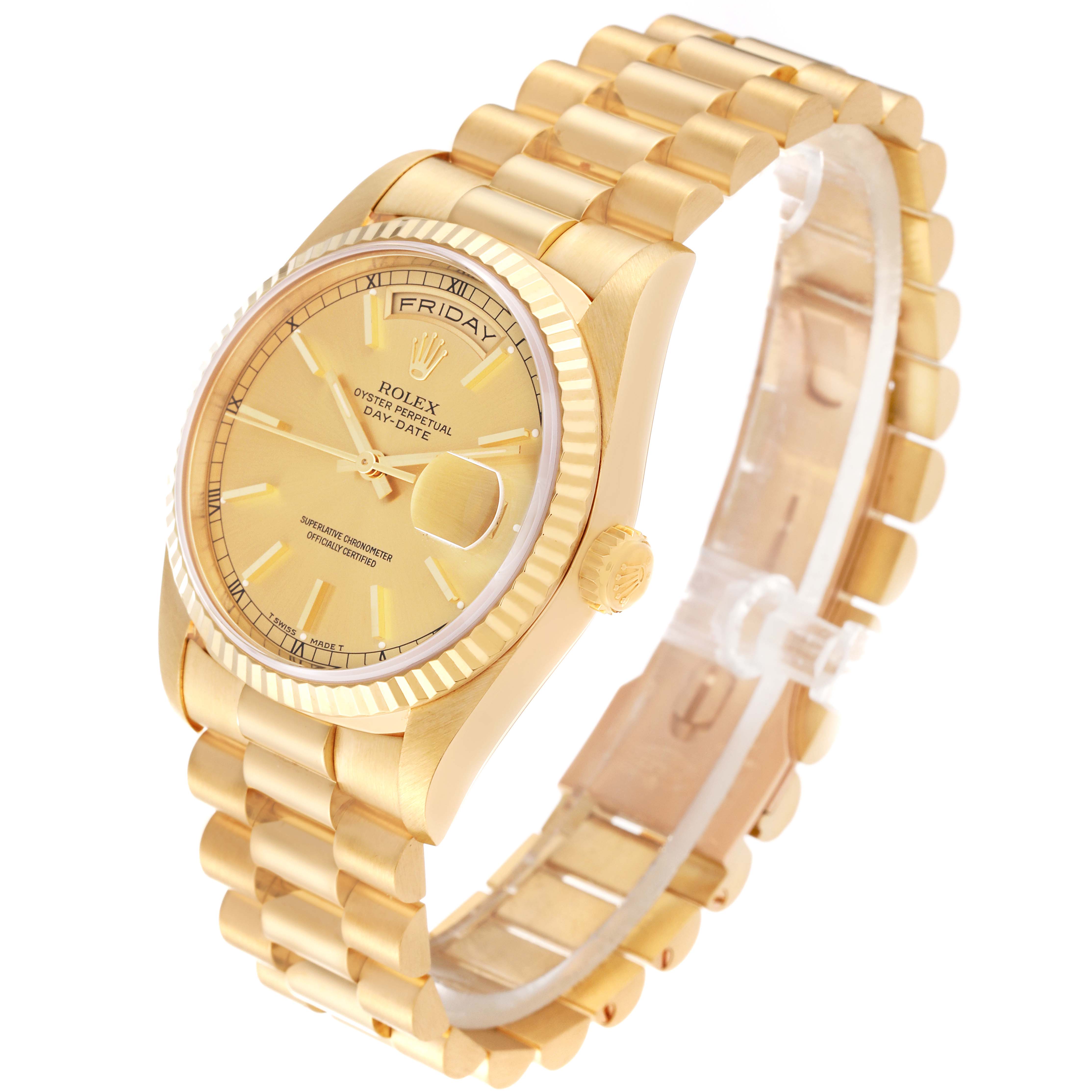 The image shows a Rolex President 18238 Men
s Yellow Gold Champagne Dial 18238 Men
s Yellow Gold Champagne Dial model watch in a slight angled front view with its gold bracelet, dial, and case fully visible.