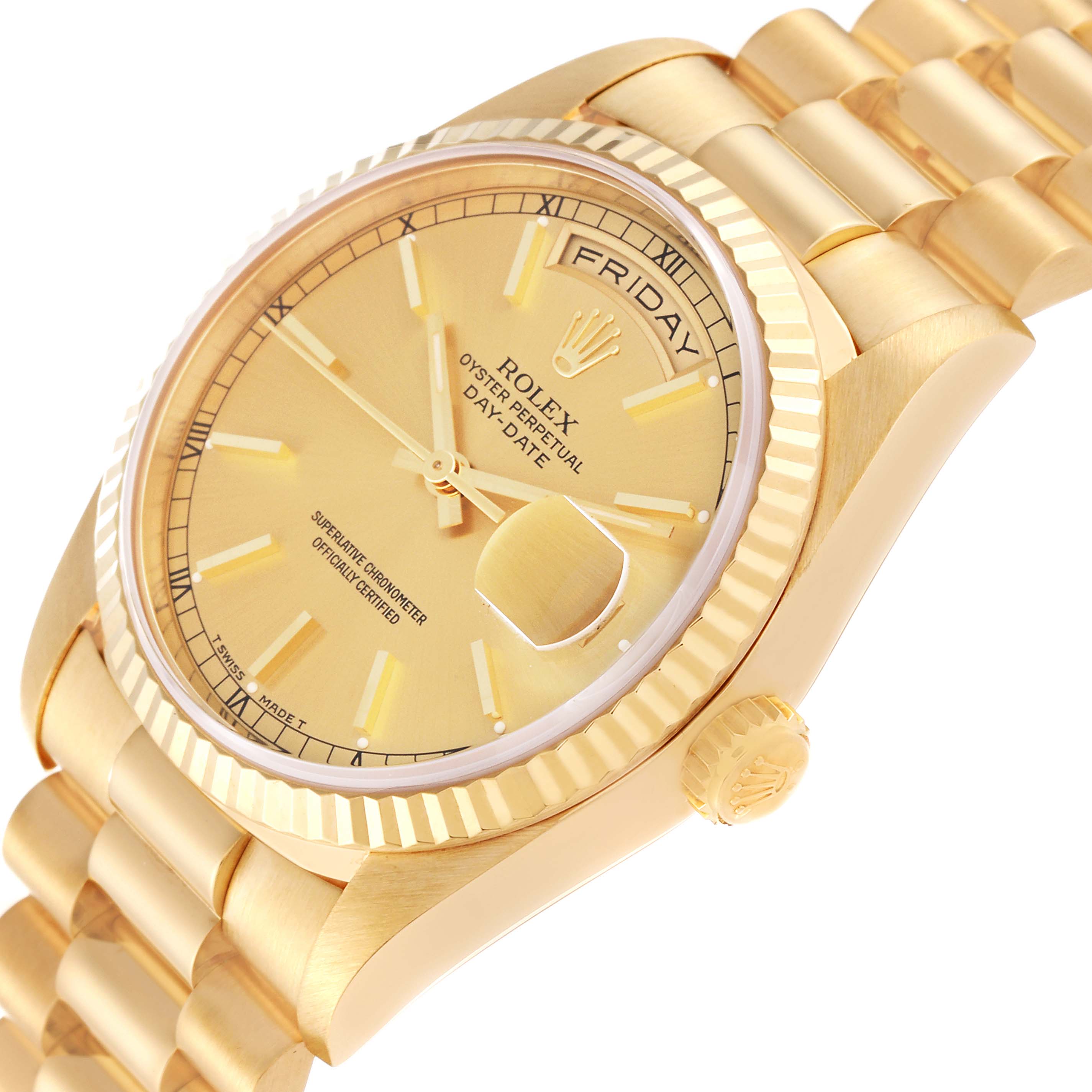 This image shows a Rolex President 18238 Men
s Yellow Gold Champagne Dial 18238 Men
s Yellow Gold Champagne Dial model watch at a three-quarter angle, highlighting its gold case, bezel, dial, and day-date function.