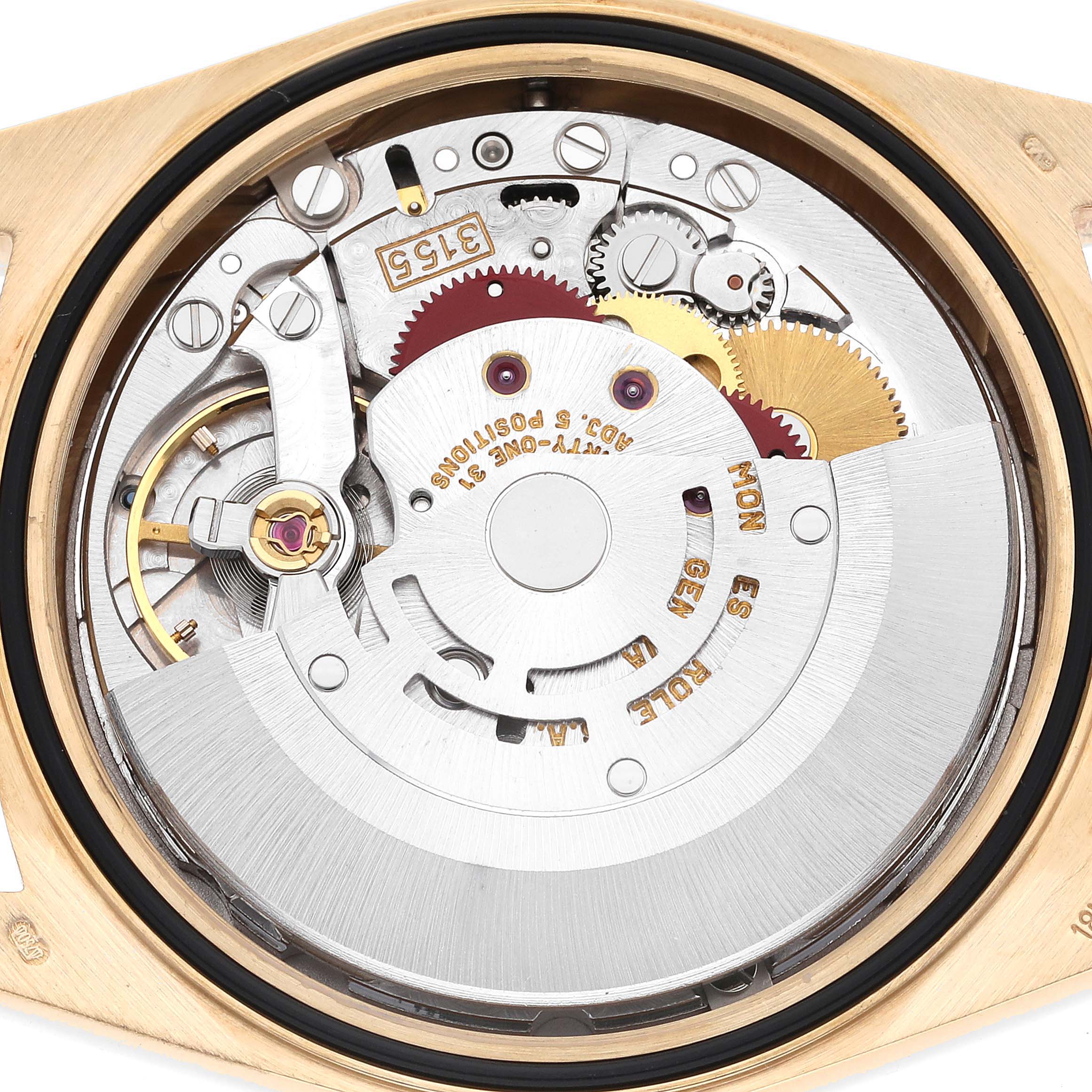 The image shows a detailed view of the movement and inner components of the Rolex President 18238 Men
s Yellow Gold Champagne Dial 18238 Men
s Yellow Gold Champagne Dial model watch.