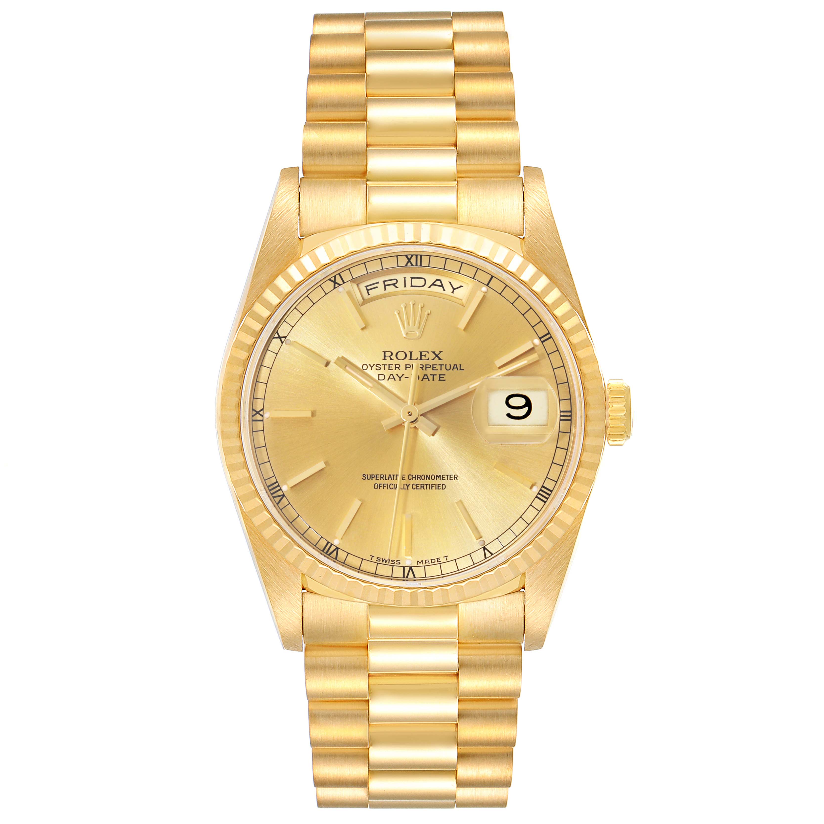 This image shows a Rolex President 18238 Men
s Yellow Gold Champagne Dial 18238 Men
s Yellow Gold Champagne Dial model watch from a front angle, displaying its dial, bracelet, bezel, and date window.