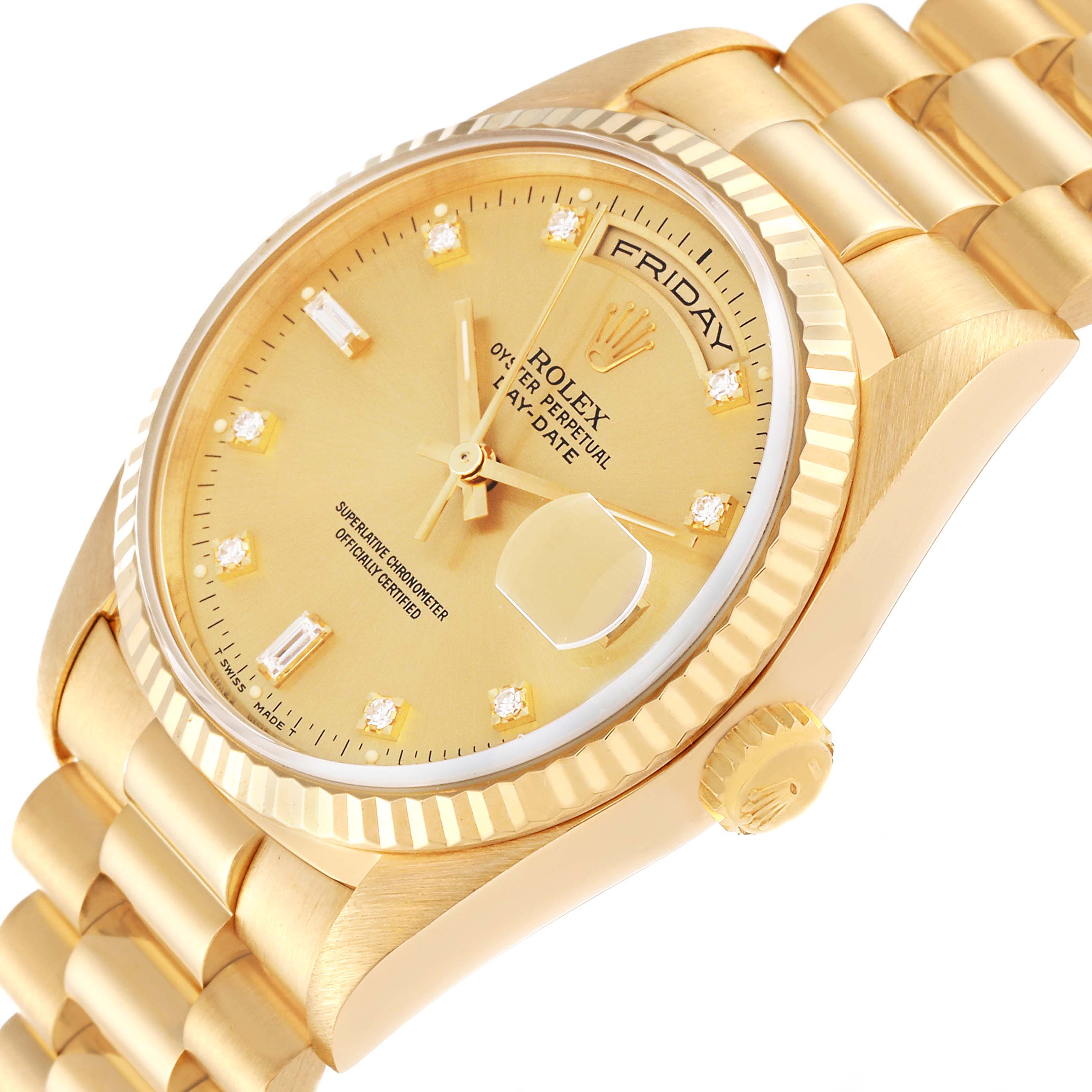 This image shows a close-up of the dial, bezel, and bracelet of a Rolex President 18238 Men
s Yellow Gold Champagne Dial 18238 Men
s Yellow Gold Champagne Dial model watch.