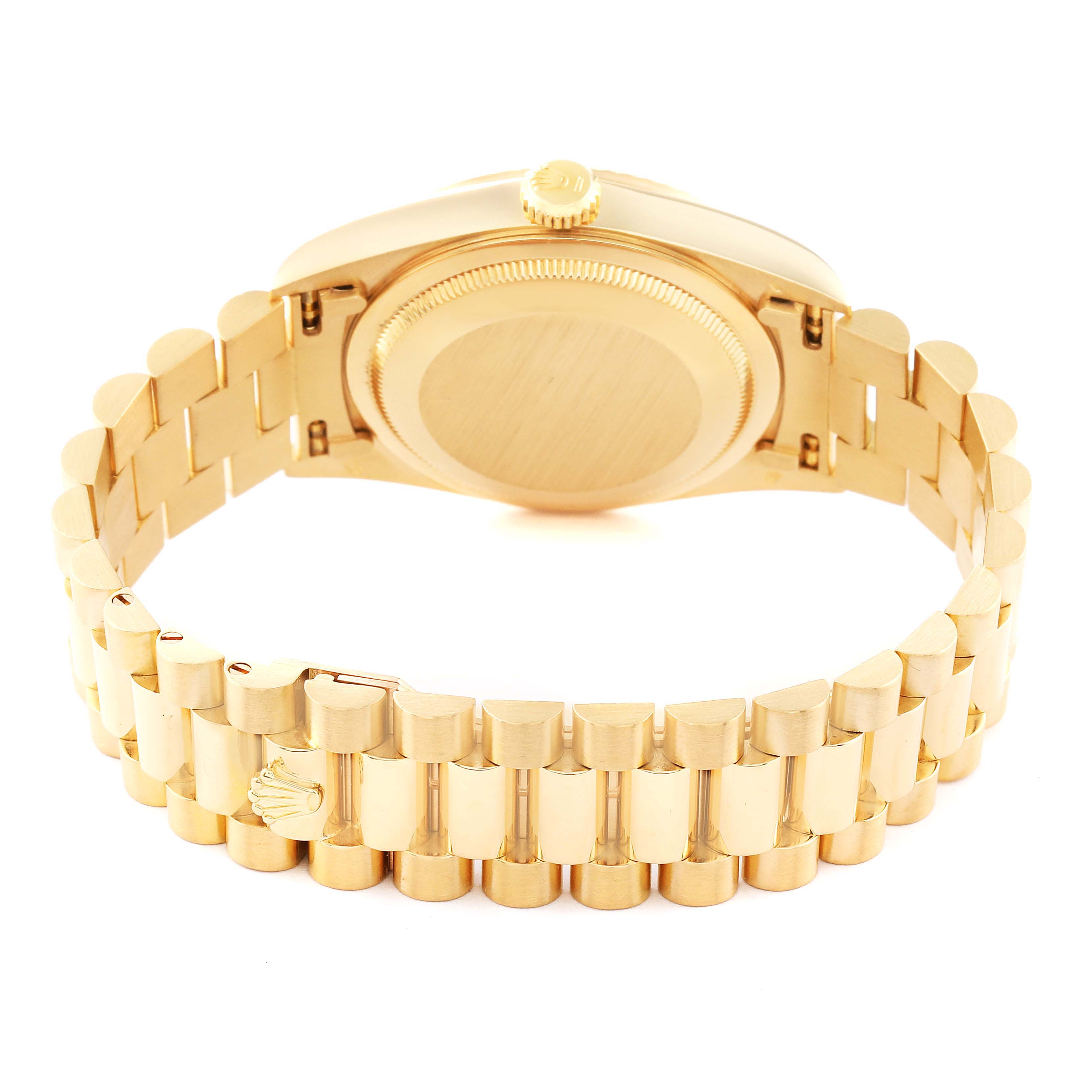 This image shows the back view of the Rolex President 18238 Men
s Yellow Gold Champagne Dial 18238 Men
s Yellow Gold Champagne Dial model watch, highlighting its gold bracelet and case back.