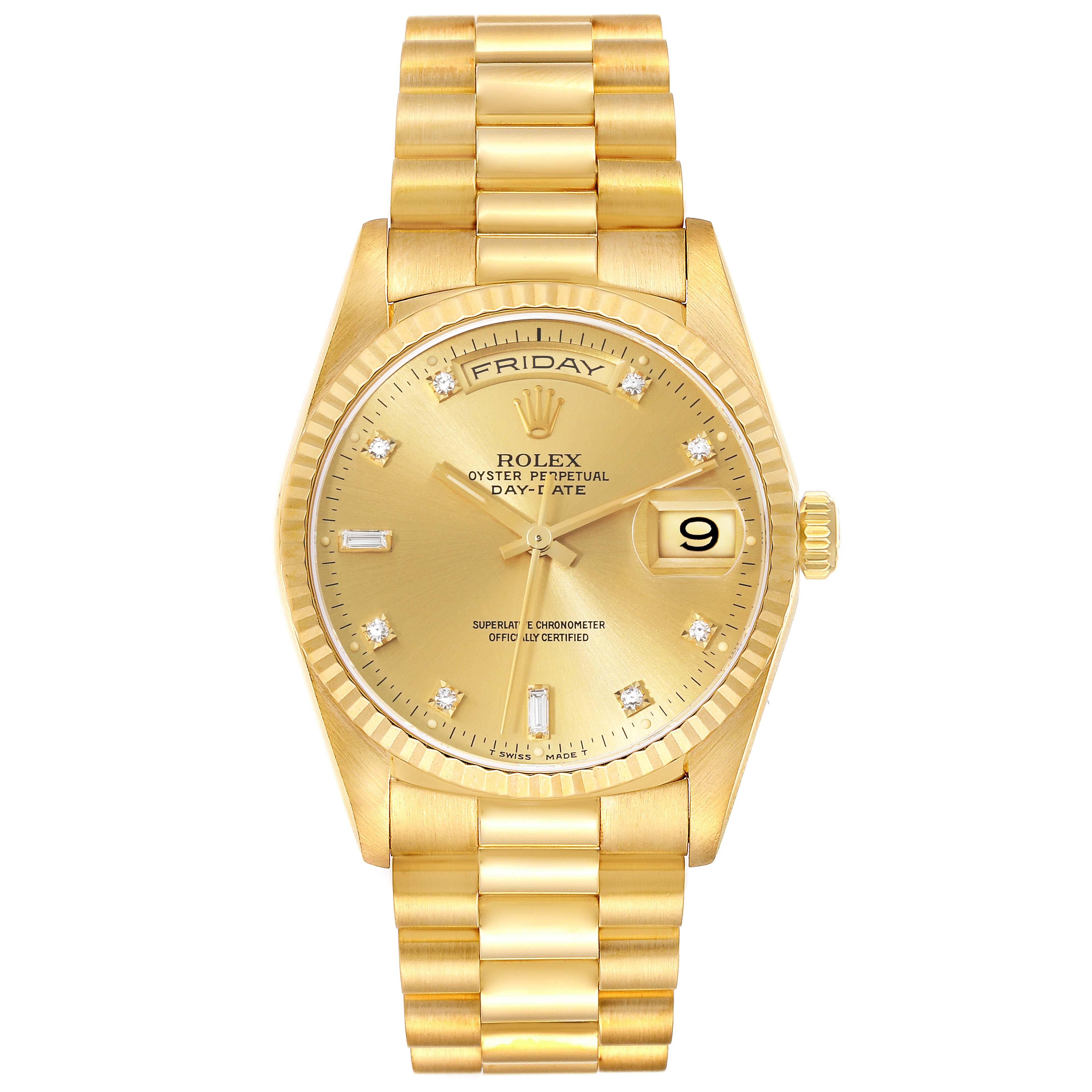 The Rolex President 18238 Men
s Yellow Gold Champagne Dial 18238 Men
s Yellow Gold Champagne Dial model watch is shown from a top-down angle, featuring the face, crown, and bracelet.