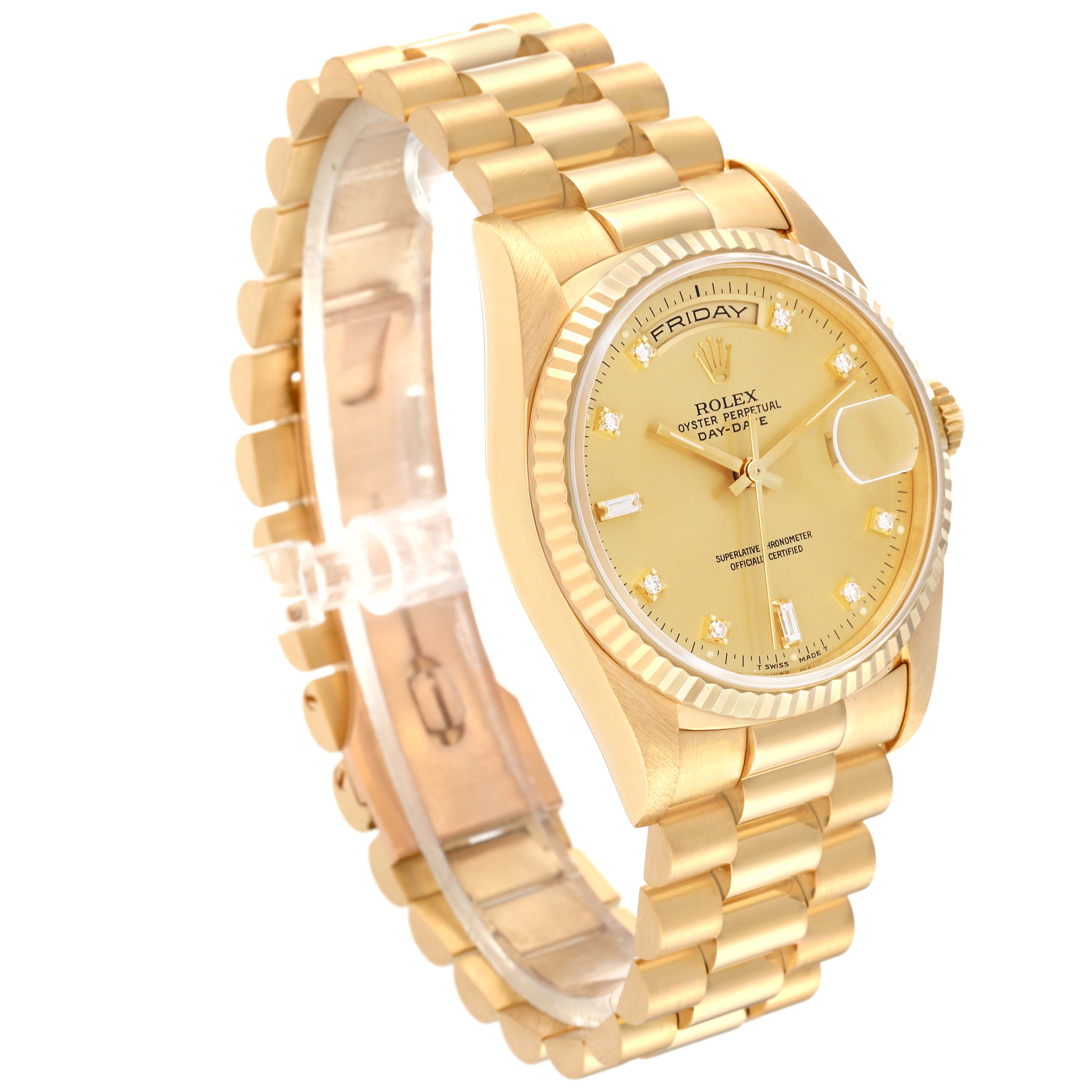 The image shows a side angle of a Rolex President 18238 Men
s Yellow Gold Champagne Dial 18238 Men
s Yellow Gold Champagne Dial model watch, highlighting its gold bracelet, dial, and fluted bezel.