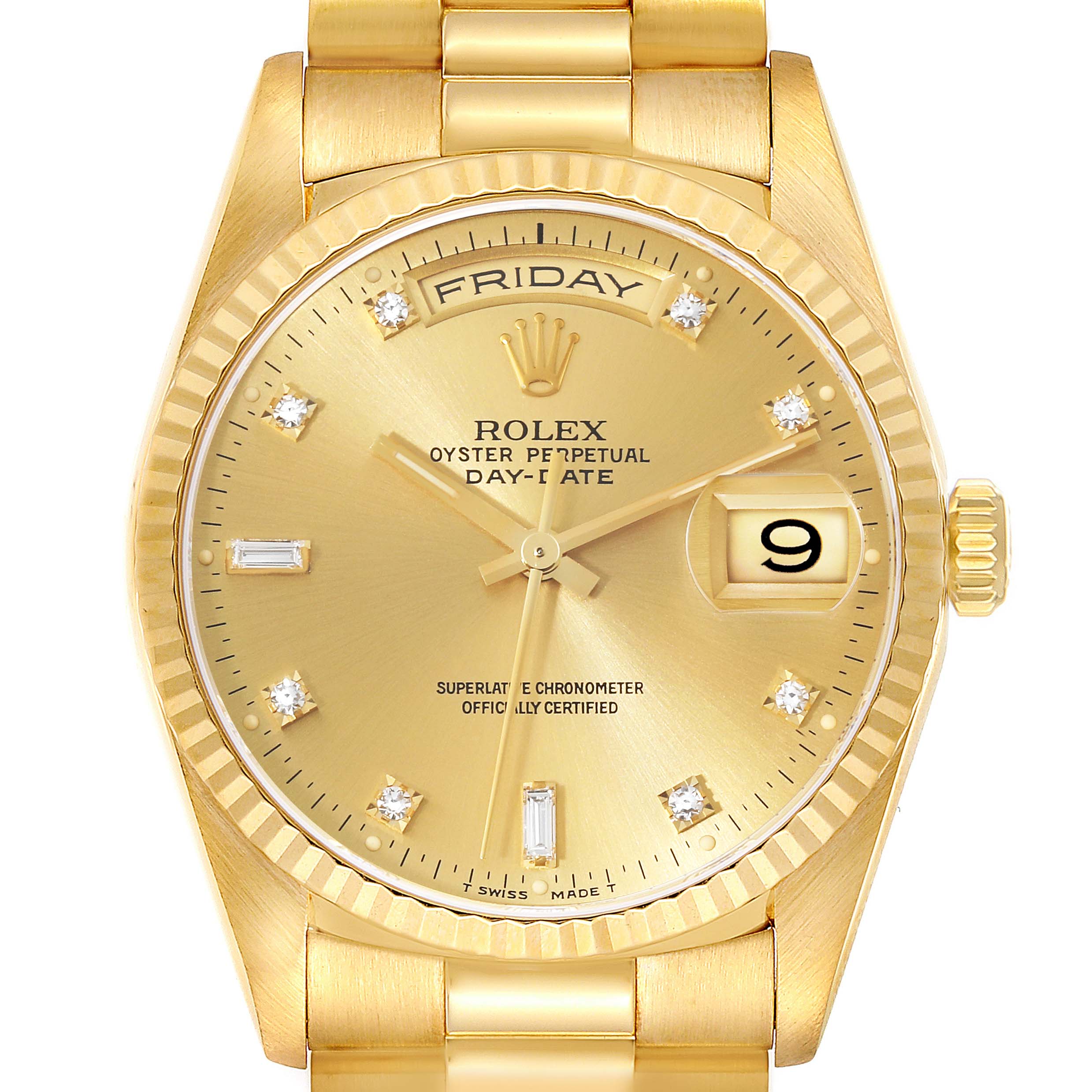 This image shows a Rolex President 18238 Men
s Yellow Gold Champagne Dial 18238 Men
s Yellow Gold Champagne Dial model watch from a front view, highlighting its gold dial, fluted bezel, and day-date features.