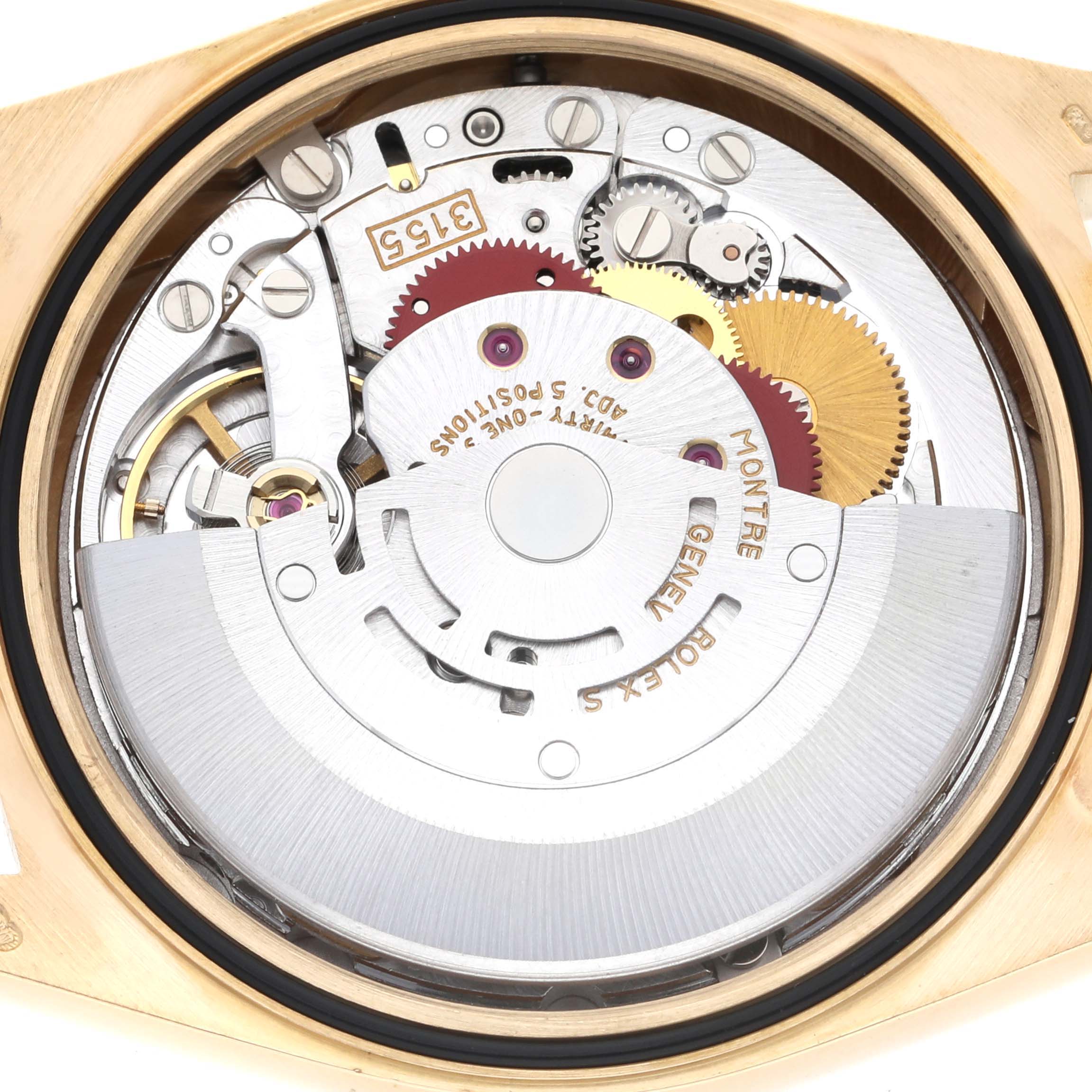 The image shows the movement mechanism of a Rolex President 18238 Men
s Yellow Gold Champagne Dial 18238 Men
s Yellow Gold Champagne Dial model watch from a rear view angle.