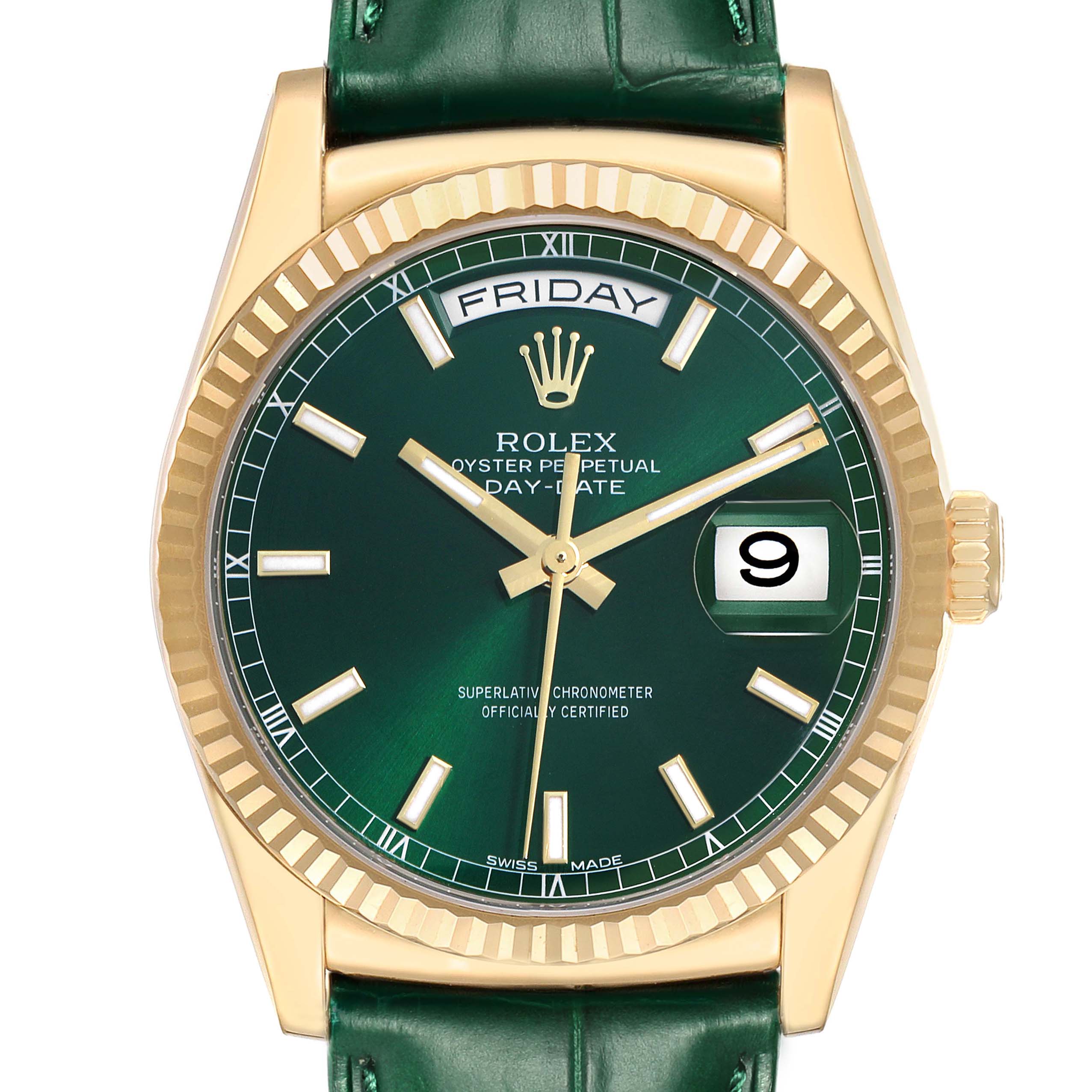 The Rolex President 118138 Men's Yellow Gold Green Dial model watch is shown from a front angle, highlighting the green dial, day-date display, and fluted bezel.