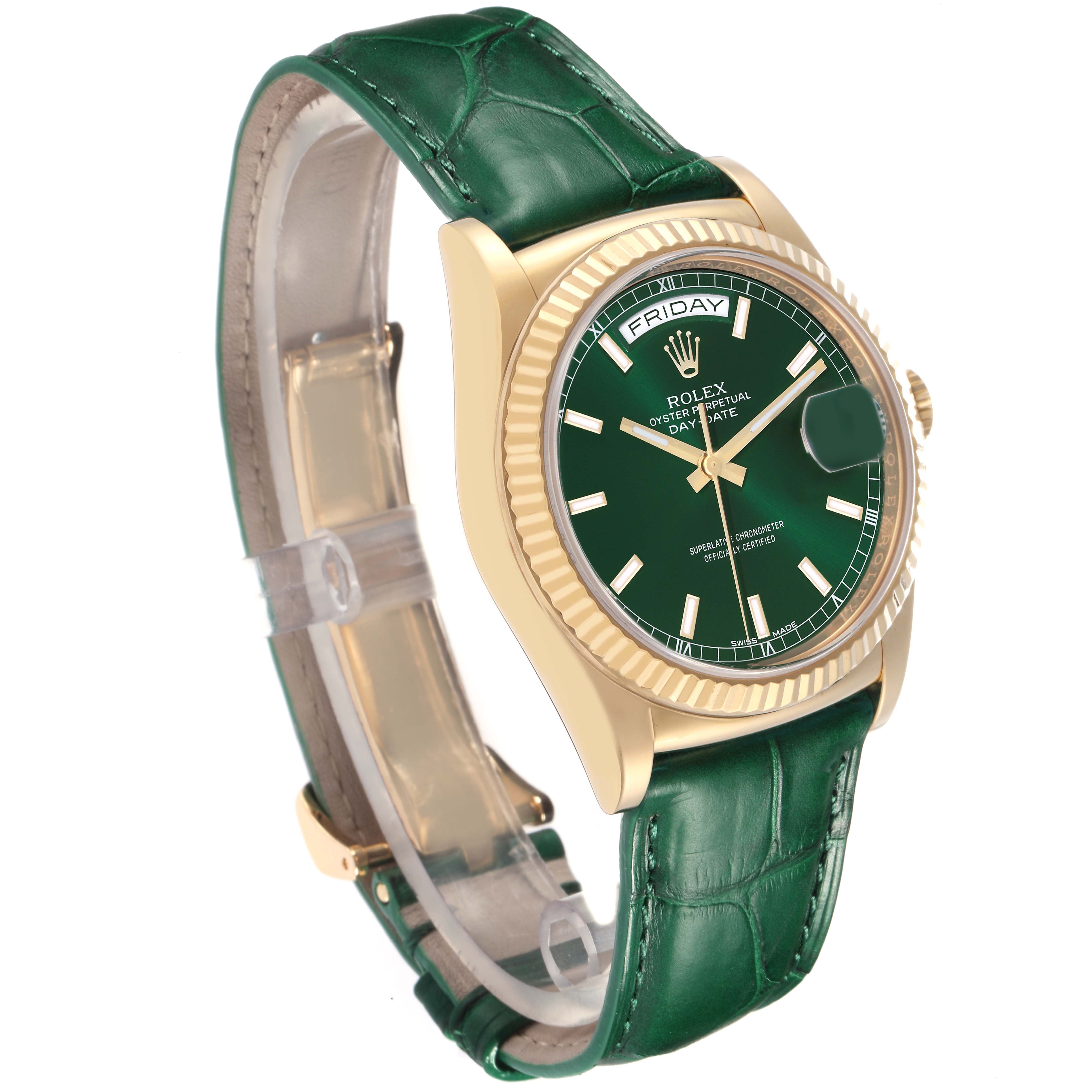 The Rolex President 118138 Men's Yellow Gold Green Dial model is shown at a 45-degree angle, highlighting its green dial, gold case, and green leather strap.