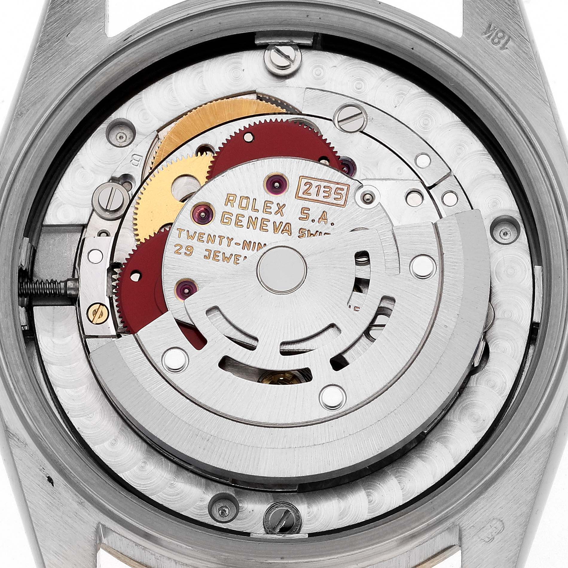 The image shows the intricate movement mechanism of a Rolex President 68279 Women's White Gold Silver Dial 68279 Women's White Gold Silver Dial model watch from a top-down angle.