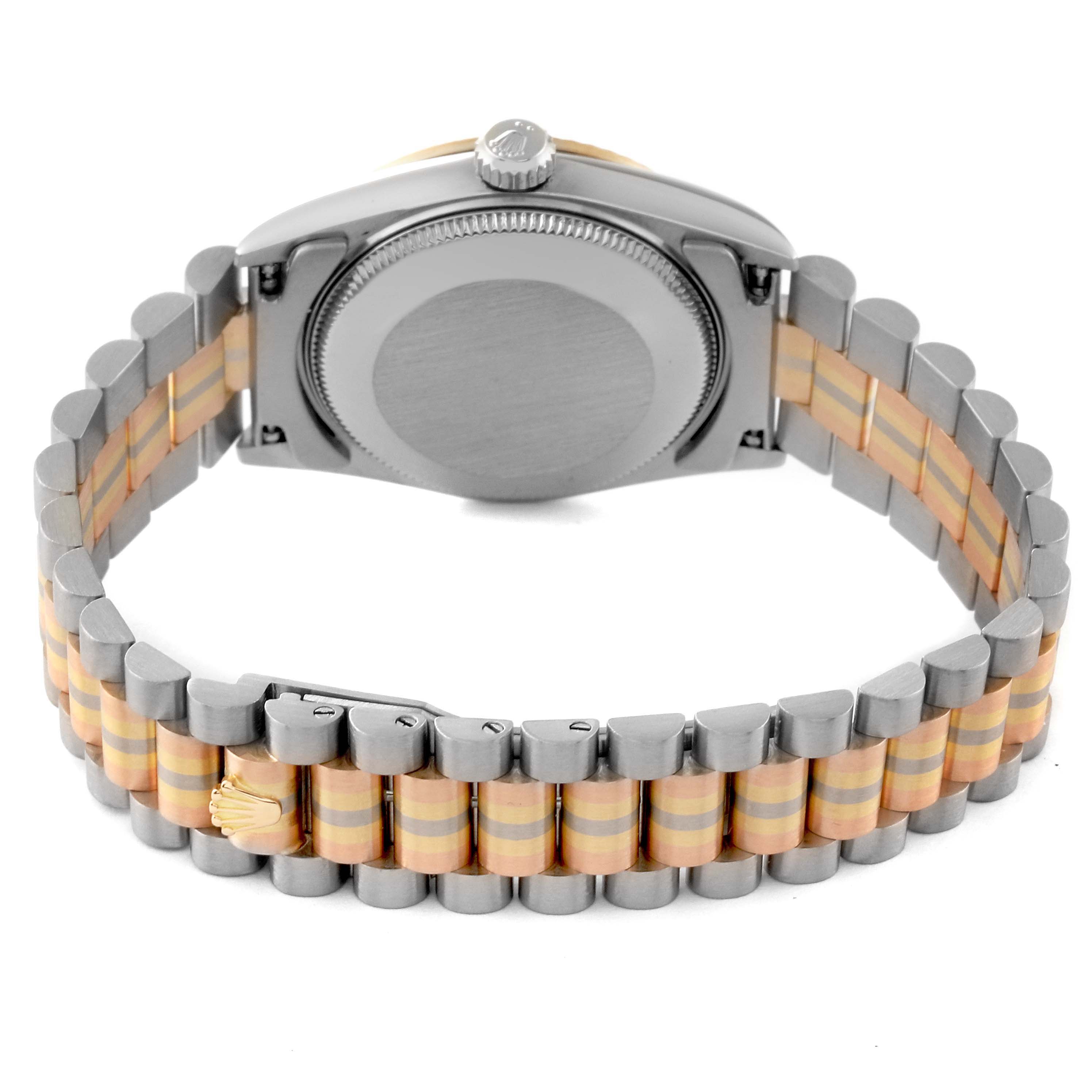 This image shows the back case and bracelet of a Rolex President 68279 Women's White Gold Silver Dial 68279 Women's White Gold Silver Dial model watch.