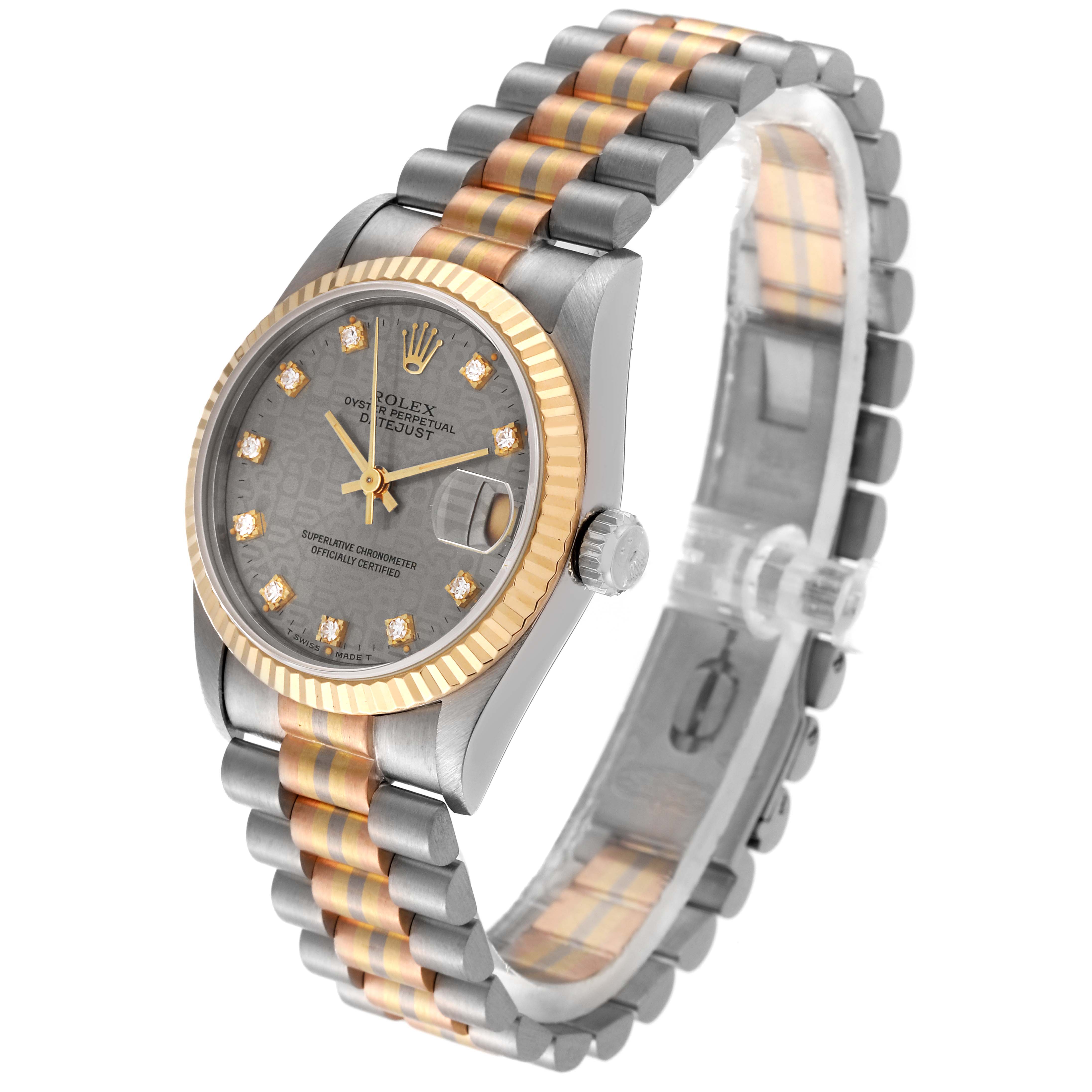 This image shows a Rolex President 68279 Women's White Gold Silver Dial 68279 Women's White Gold Silver Dial model watch at a slight angle, featuring the dial, bezel, and bracelet band.